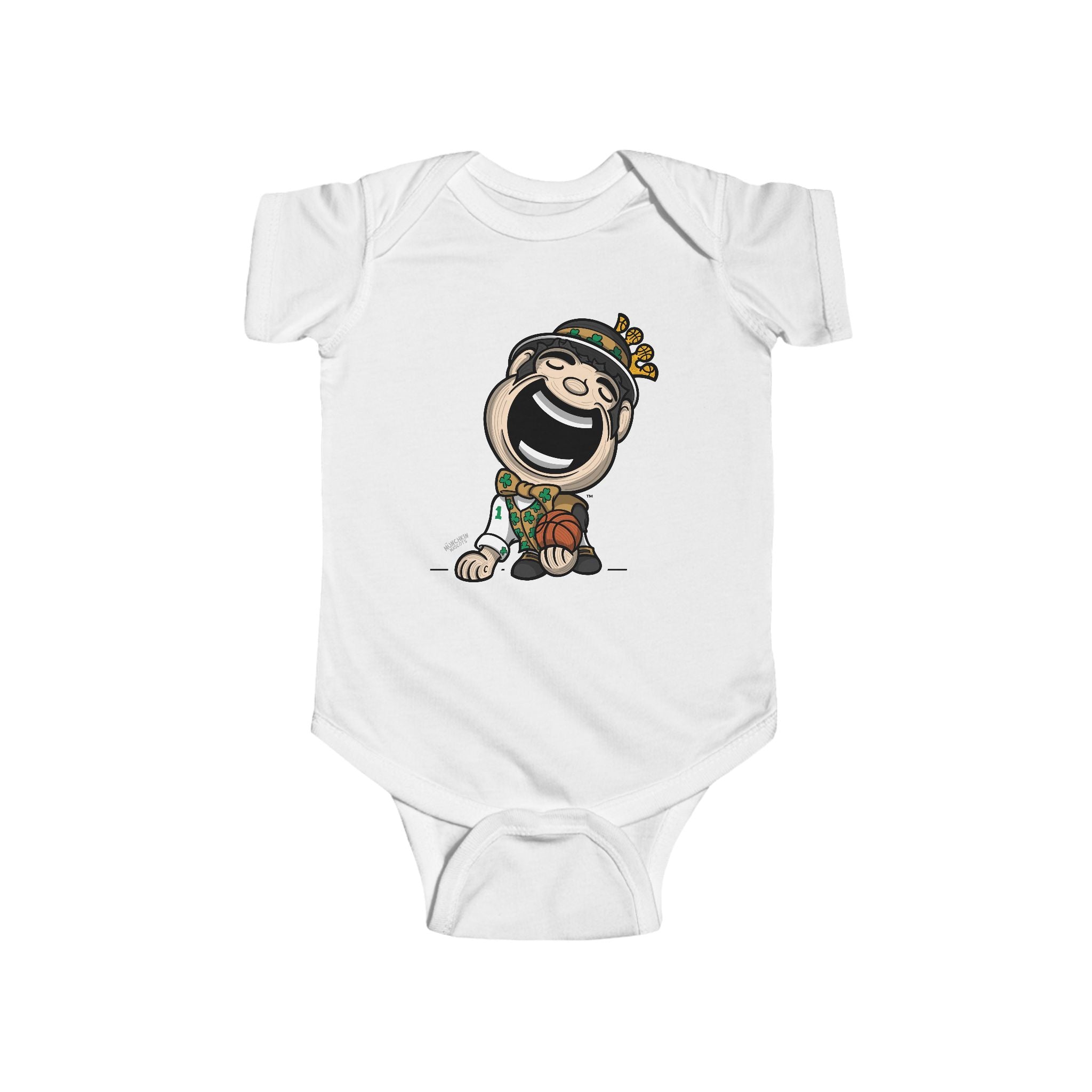 Boston Basketball Newborn & Infant Lil' Lucky 'Munchkin Mascot' Jersey Bodysuit | Hand-Drawn Art | Gifts for Newborns
