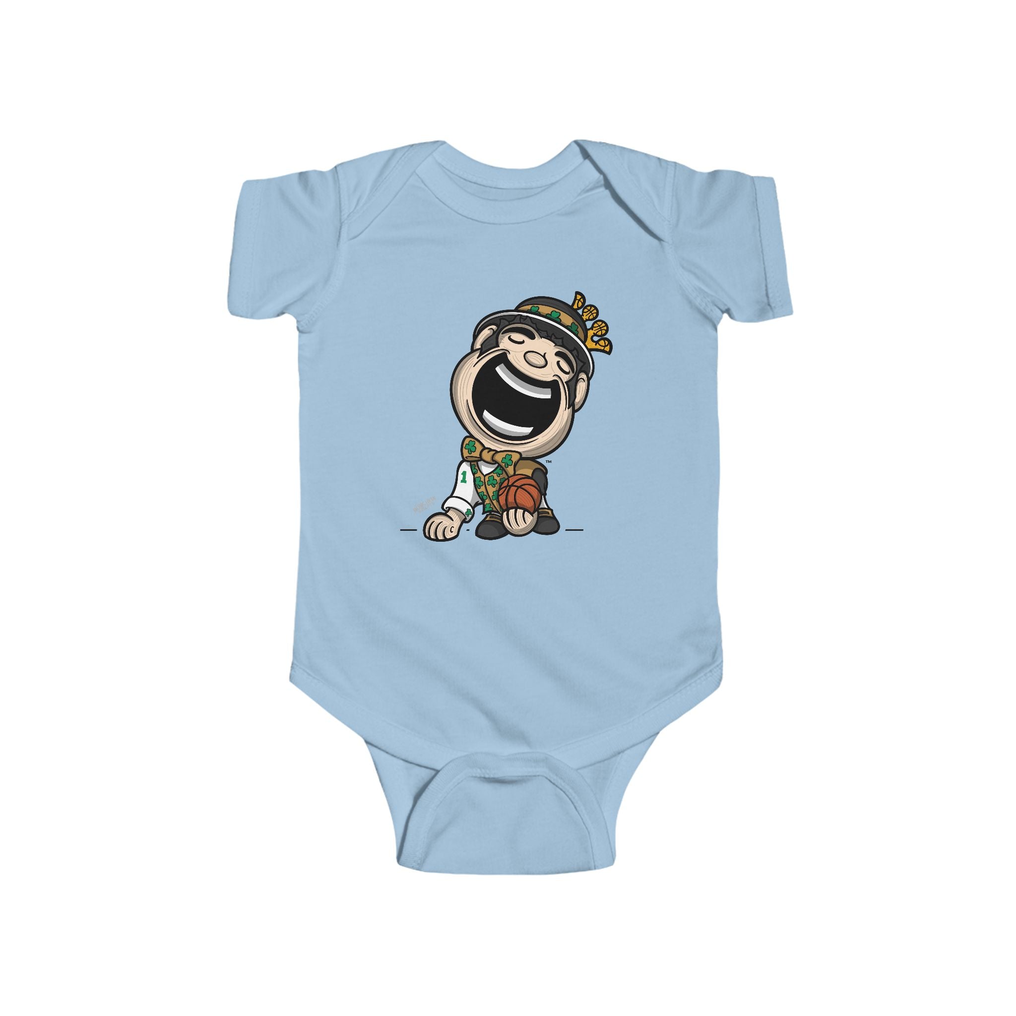 Boston Basketball Newborn & Infant Lil' Lucky 'Munchkin Mascot' Jersey Bodysuit | Hand-Drawn Art | Gifts for Newborns