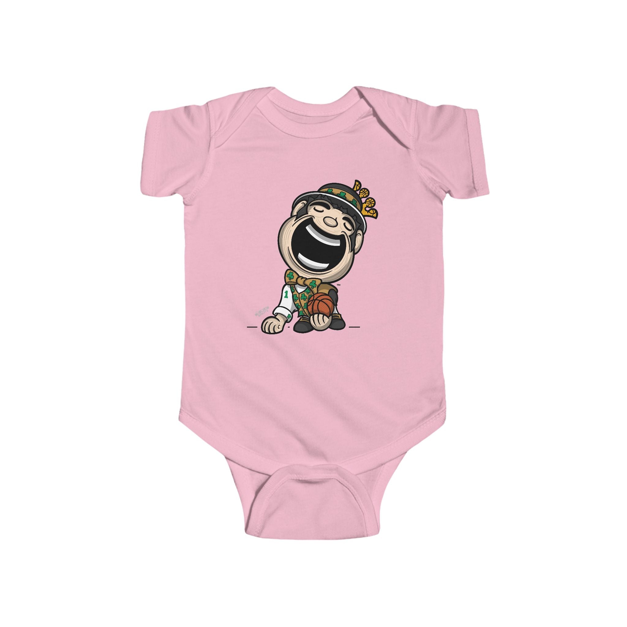 Boston Basketball Newborn & Infant Lil' Lucky 'Munchkin Mascot' Jersey Bodysuit | Hand-Drawn Art | Gifts for Newborns