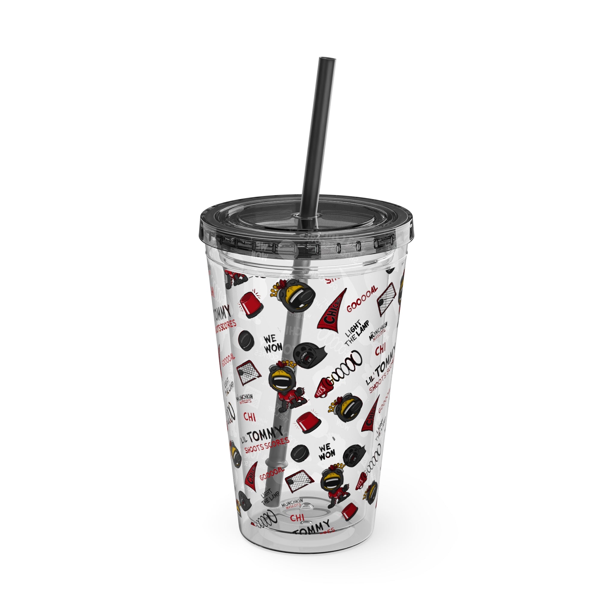 Chicago Hockey Tumbler with Straw Lil' Tommy Pattern | Hand-Drawn Art | Gifts for Kids