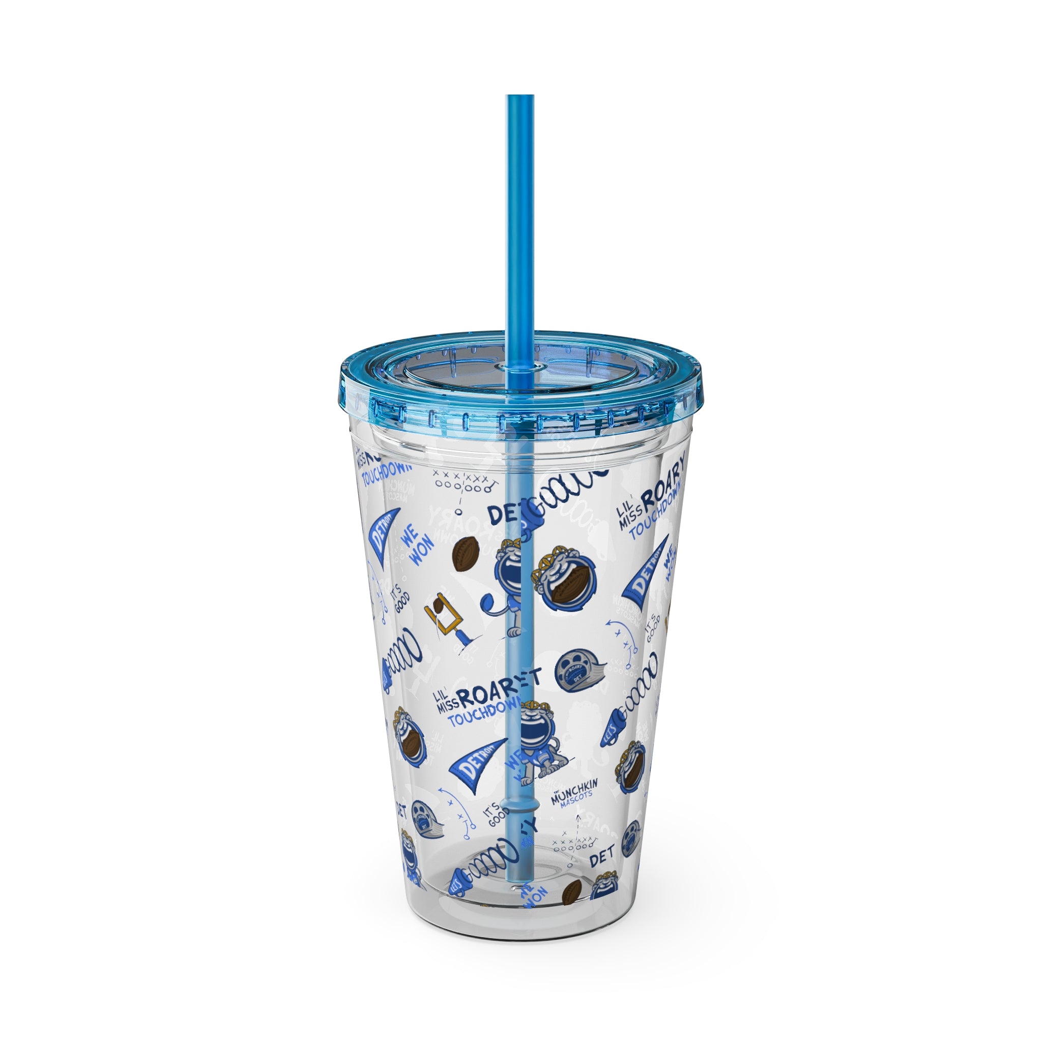 Detroit Football Tumbler with Straw Lil' Miss Roary Pattern | Hand-Drawn Art | Gifts for Kids
