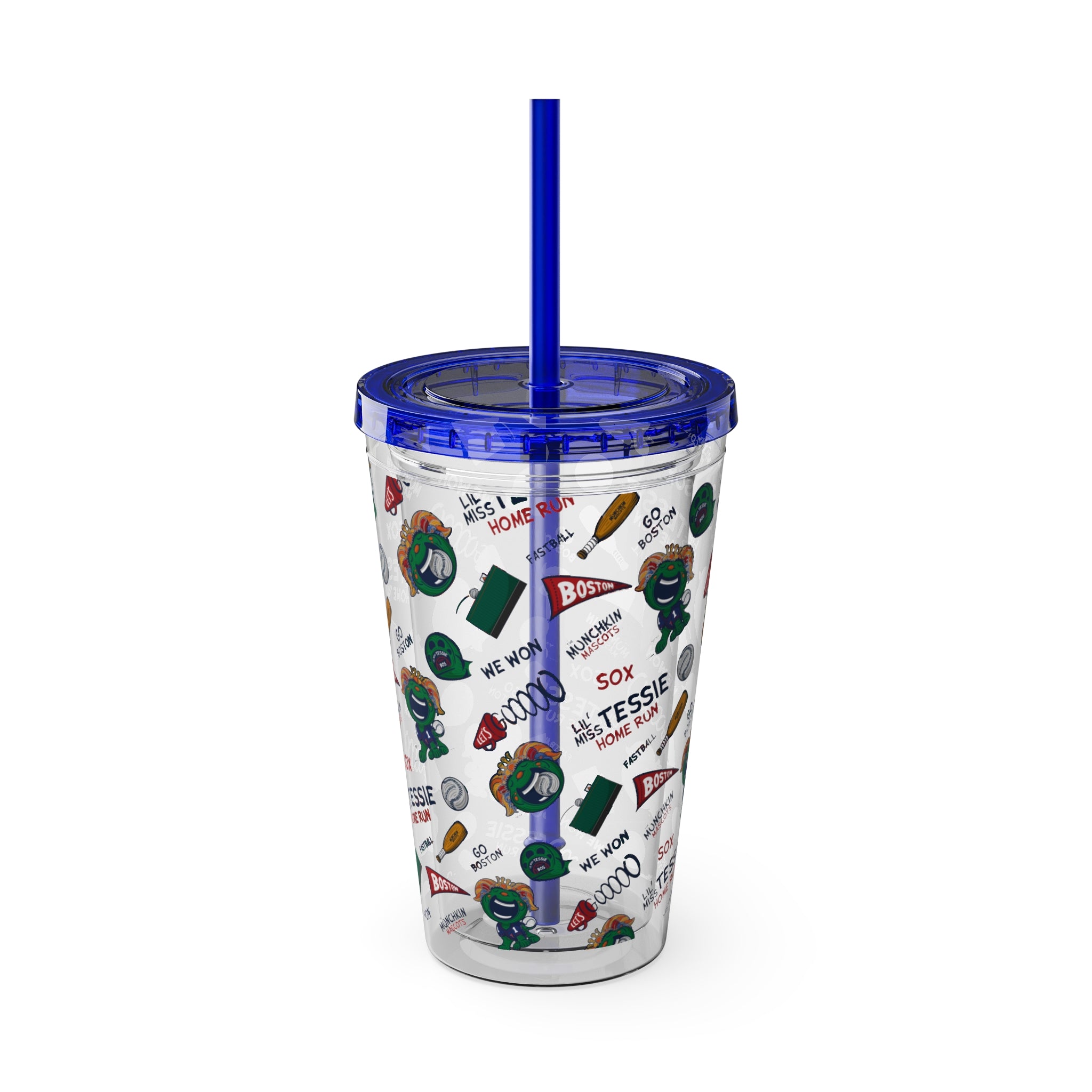 Boston Baseball Tumbler with Straw Lil' Miss Tessie Pattern | Hand-Drawn Art | Gifts for Kids