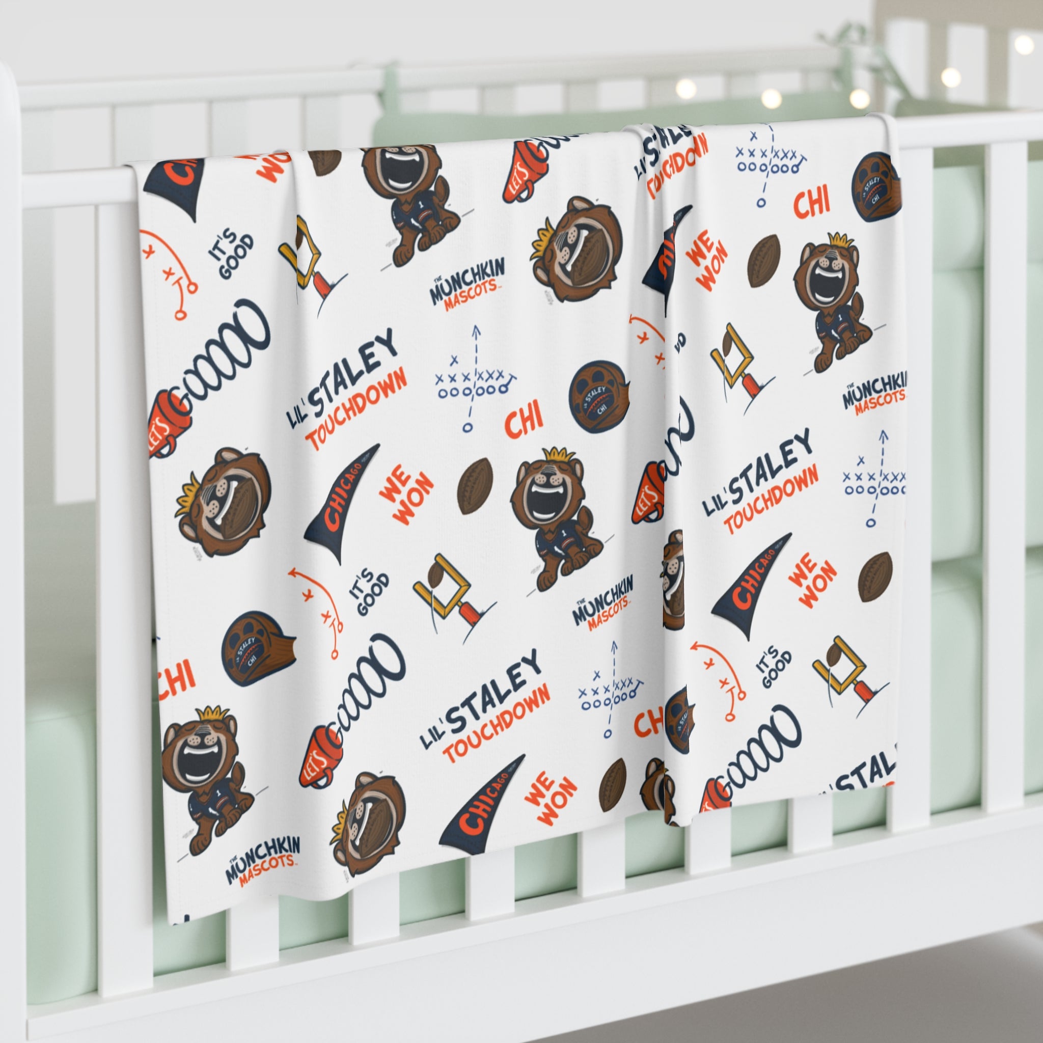 Chicago Football Baby Swaddle Blanket Lil' Staley Pattern | Hand-Drawn Art | Gifts for Newborns