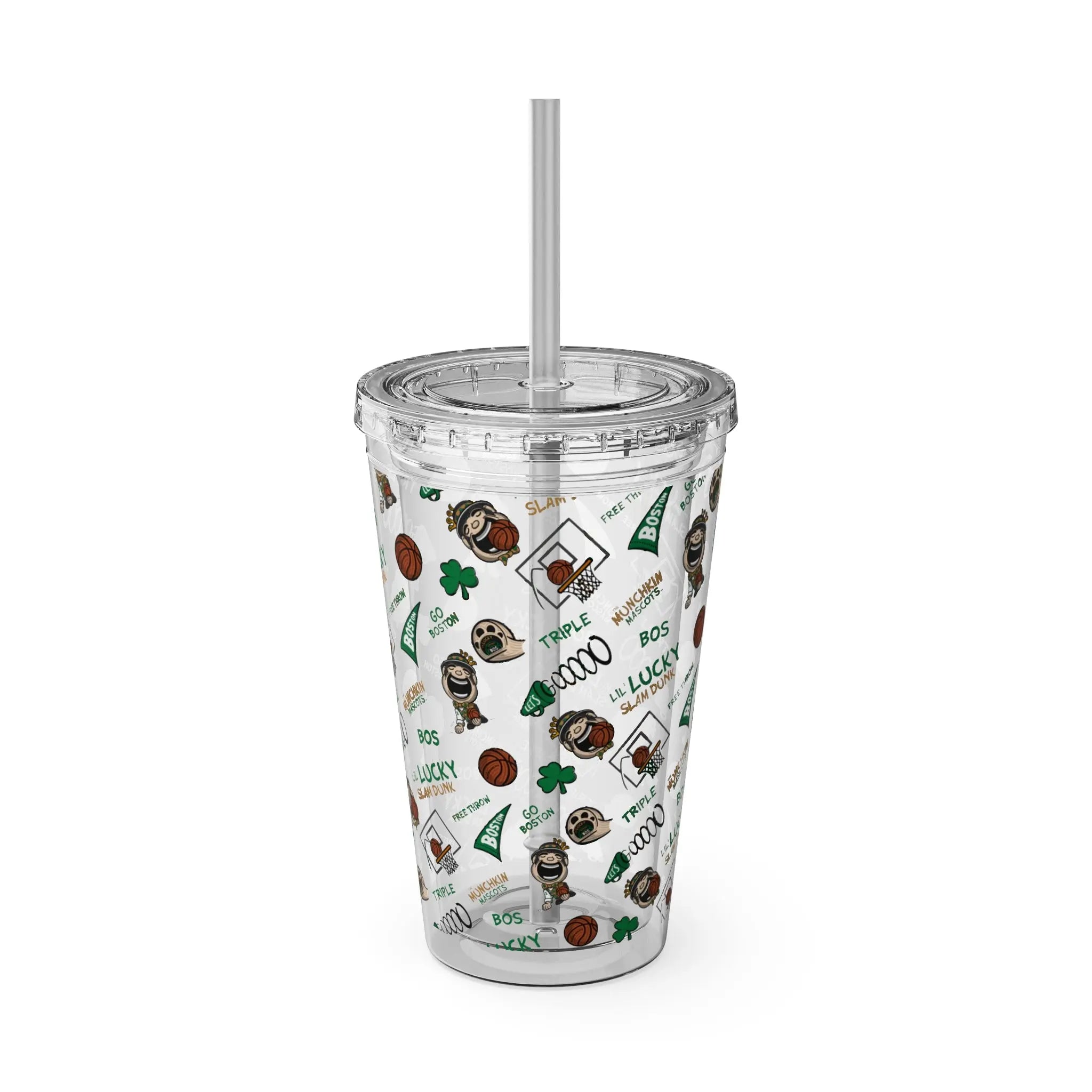 Sunsplash Tumbler with Straw, 16oz - Pattern - Lil' Lucky BOS Basketball Printify