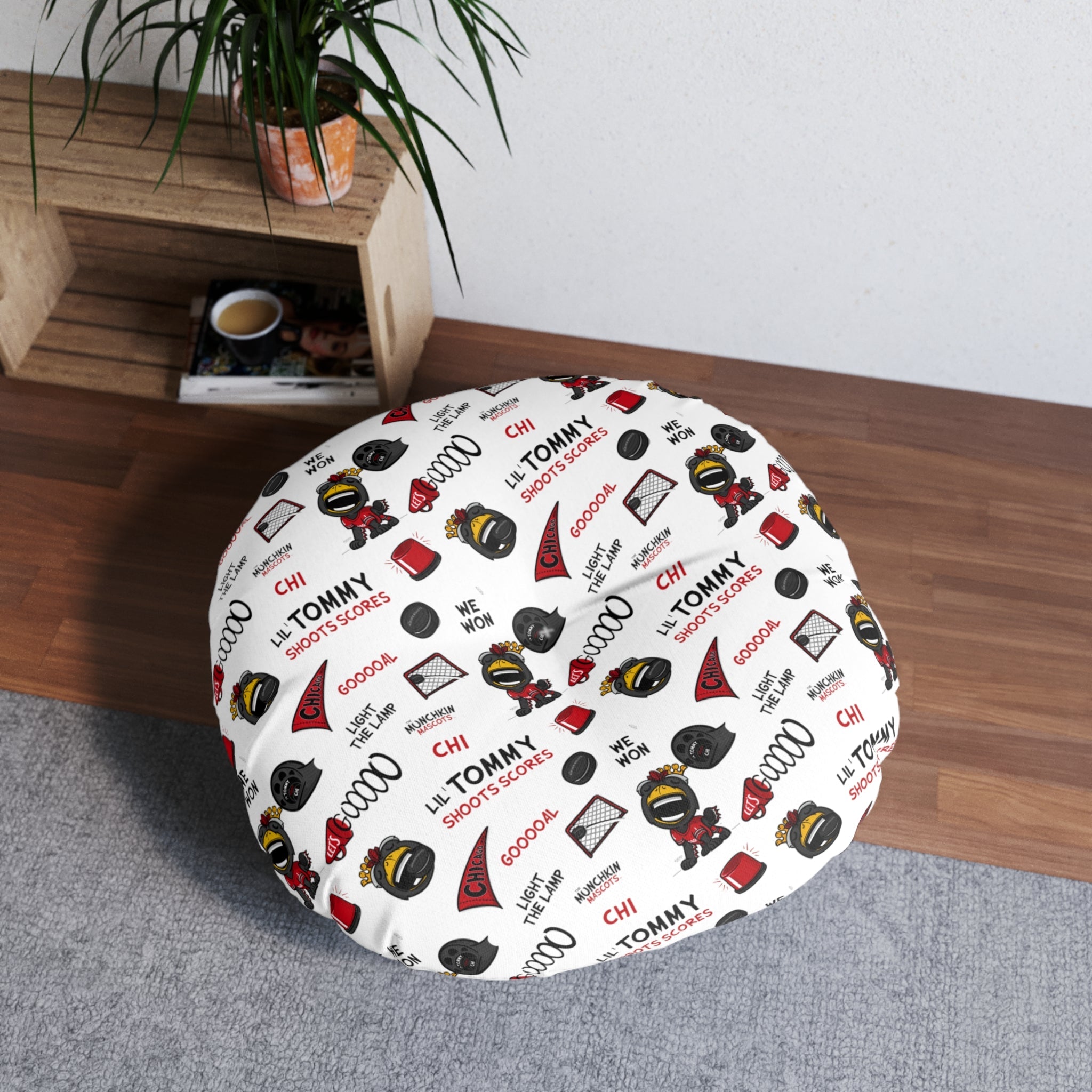 Tufted Floor Pillow, Round - Pattern + Cutest Fan - Lil' Tommy CHI Hockey Printify