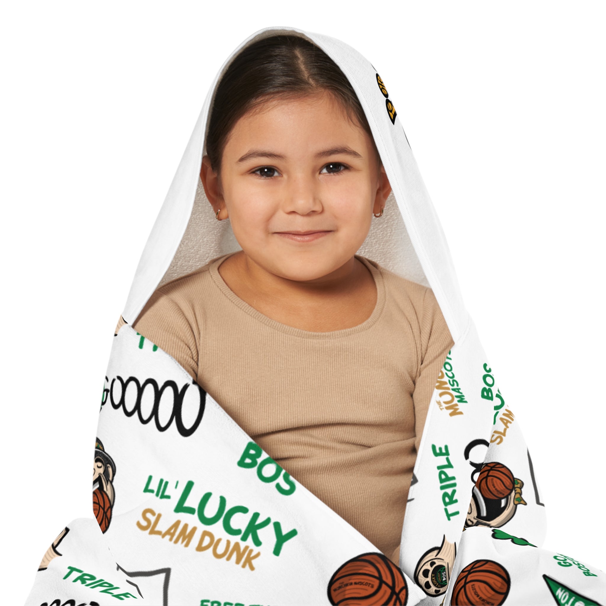 Boston Basketball Hooded Towel Lil' Lucky Pattern | Hand-Drawn Art | Gifts for Kids