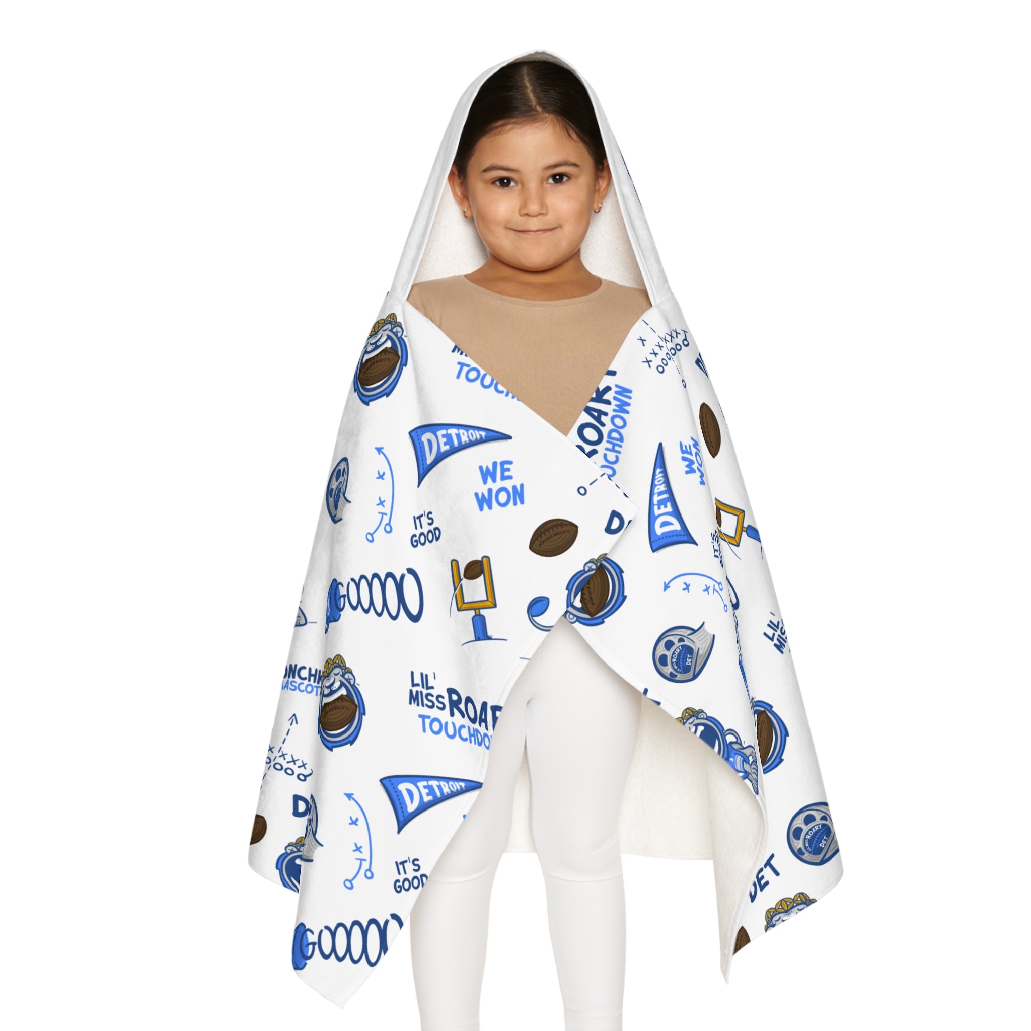 Detroit Football Hooded Towel Lil' Miss Roary Pattern | Hand-Drawn Art | Gifts for Kids