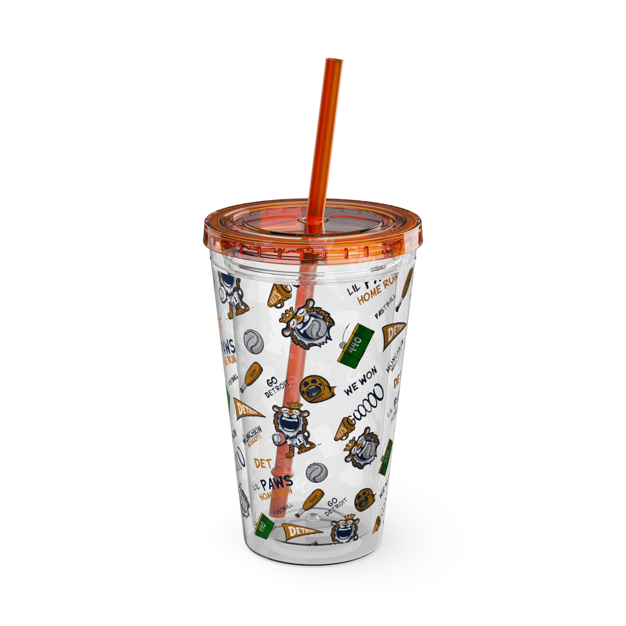 Detroit Baseball Tumbler with Straw Lil' Paws Pattern | Hand-Drawn Art | Gifts for Kids