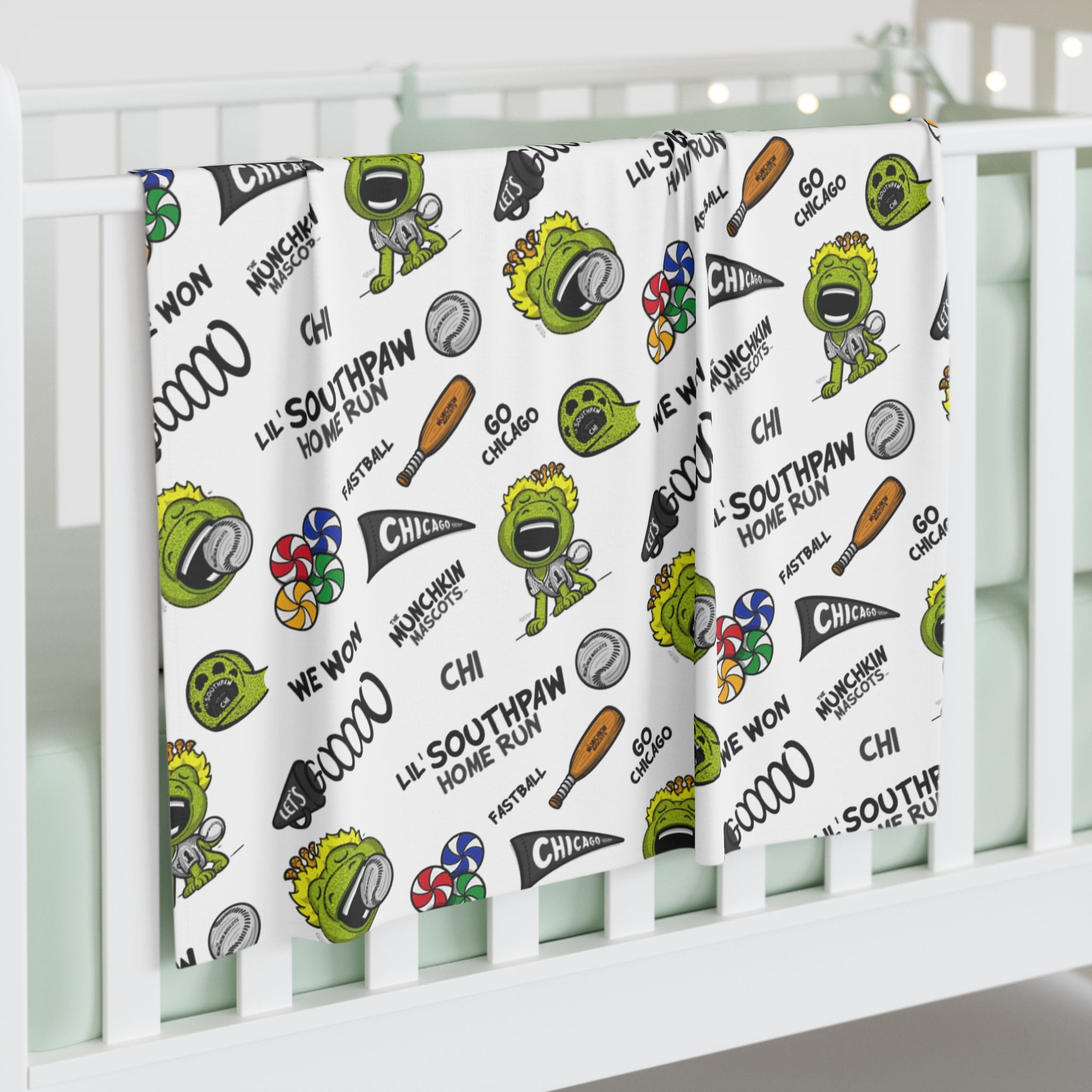 Chicago Baseball Baby Swaddle Blanket Lil' Southpaw Pattern | Hand-Drawn Art | Gifts for Newborns