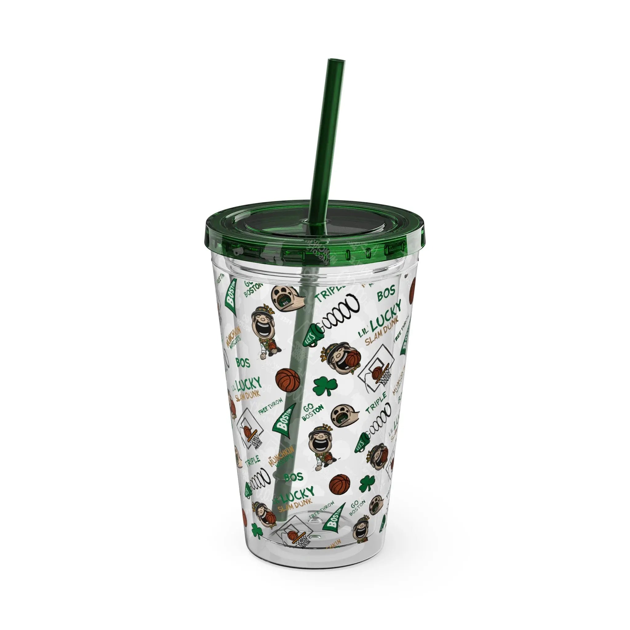 Sunsplash Tumbler with Straw, 16oz - Pattern - Lil' Lucky BOS Basketball Printify