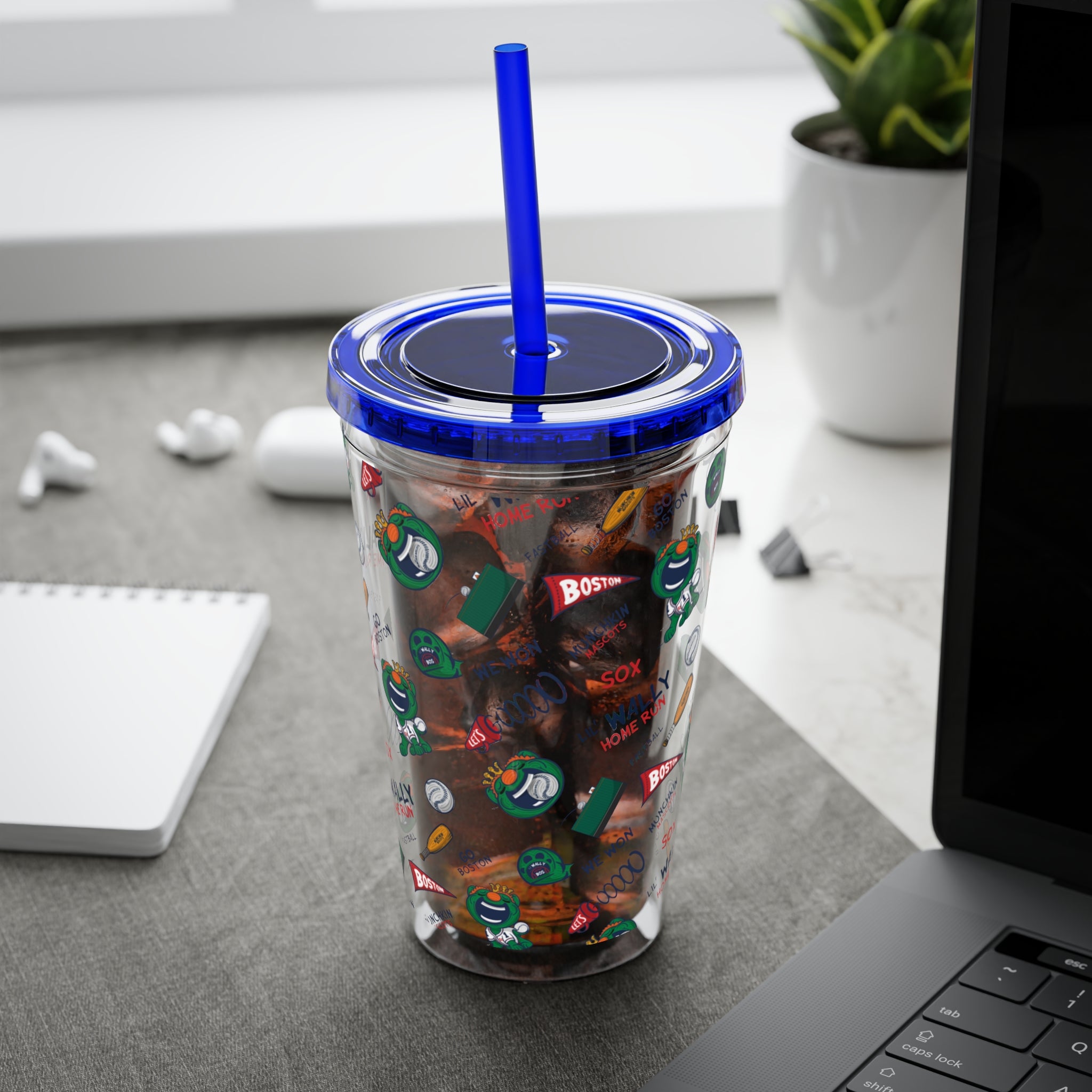 Boston Baseball Tumbler with Straw Lil' Wally Pattern | Hand-Drawn Art | Gifts for Kids