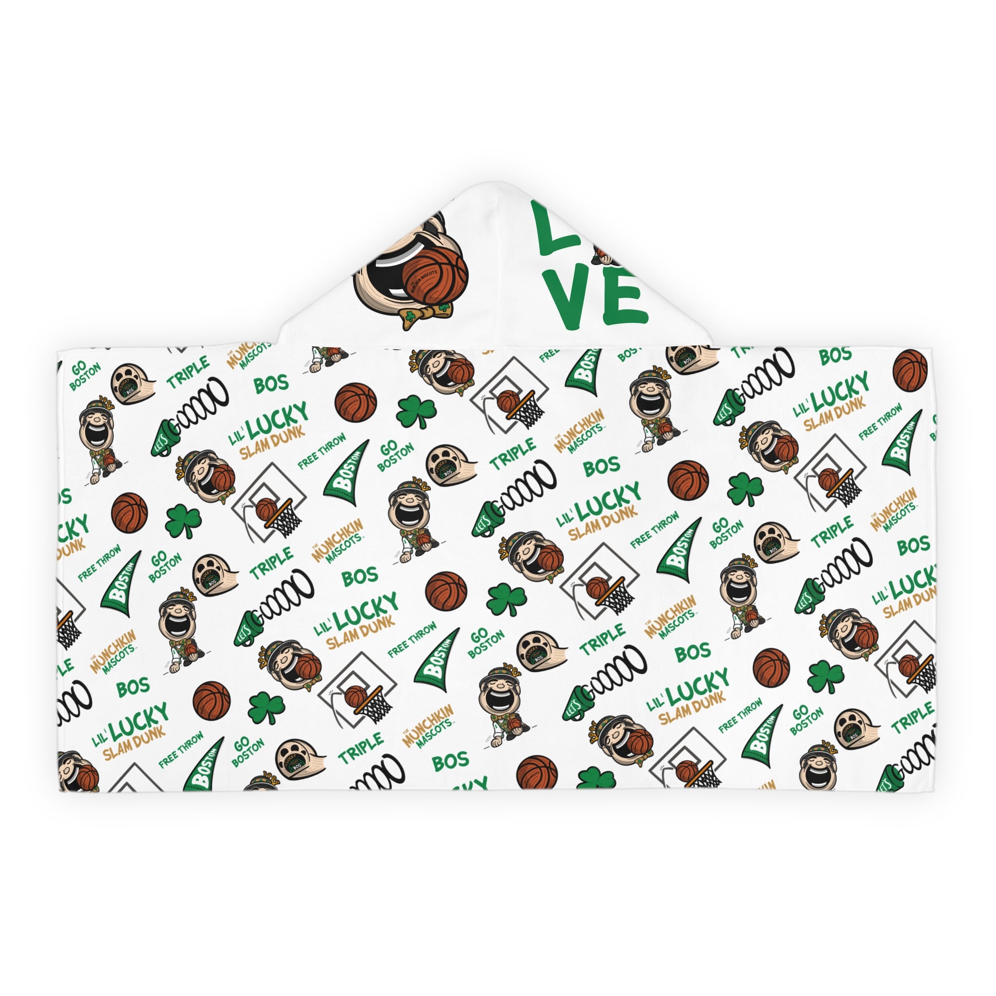 Boston Basketball Hooded Towel Lil' Lucky Pattern | Hand-Drawn Art | Gifts for Kids