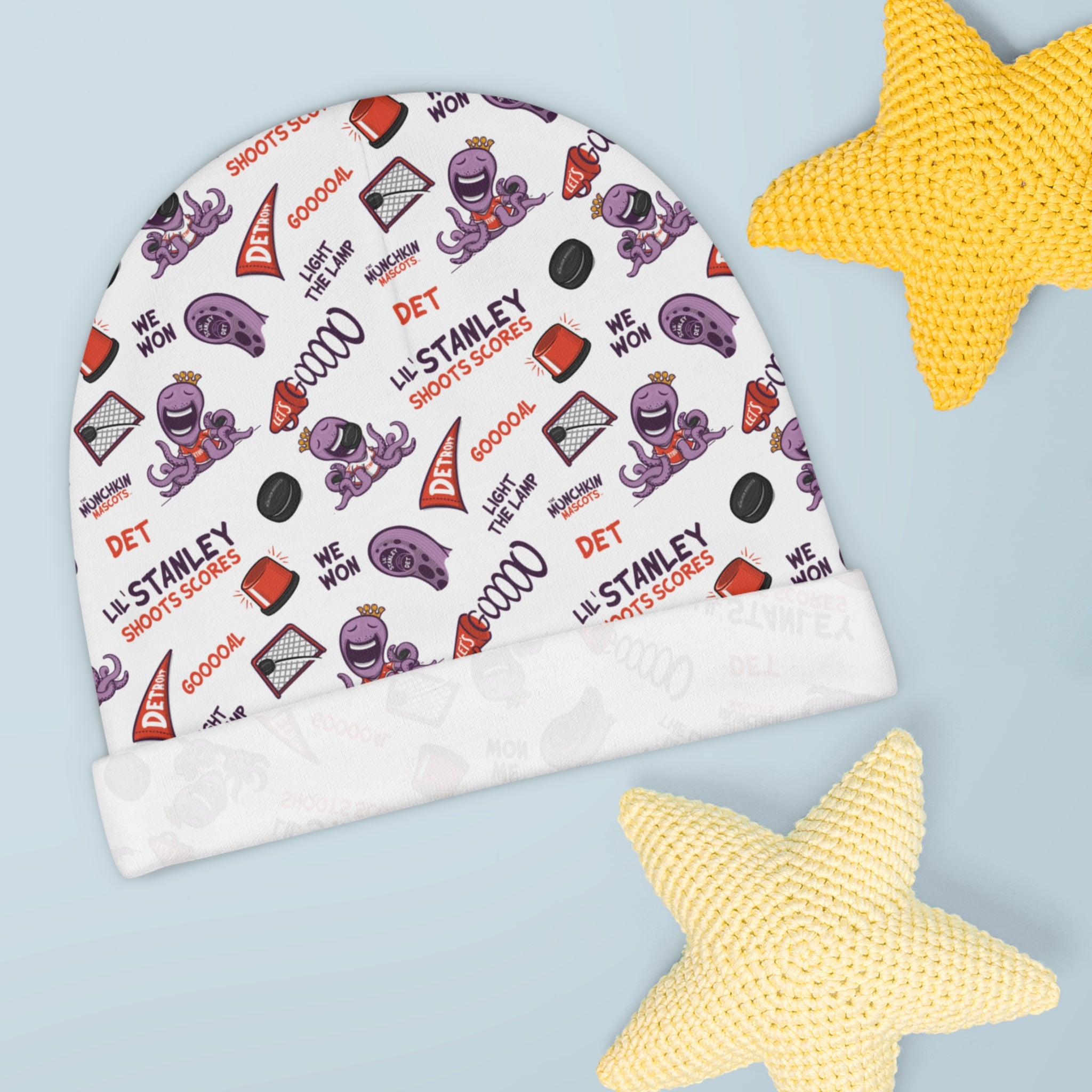 Detroit Hockey Baby Beanie Lil' Stanley Pattern | Hand-Drawn Art | Gifts for Newborns
