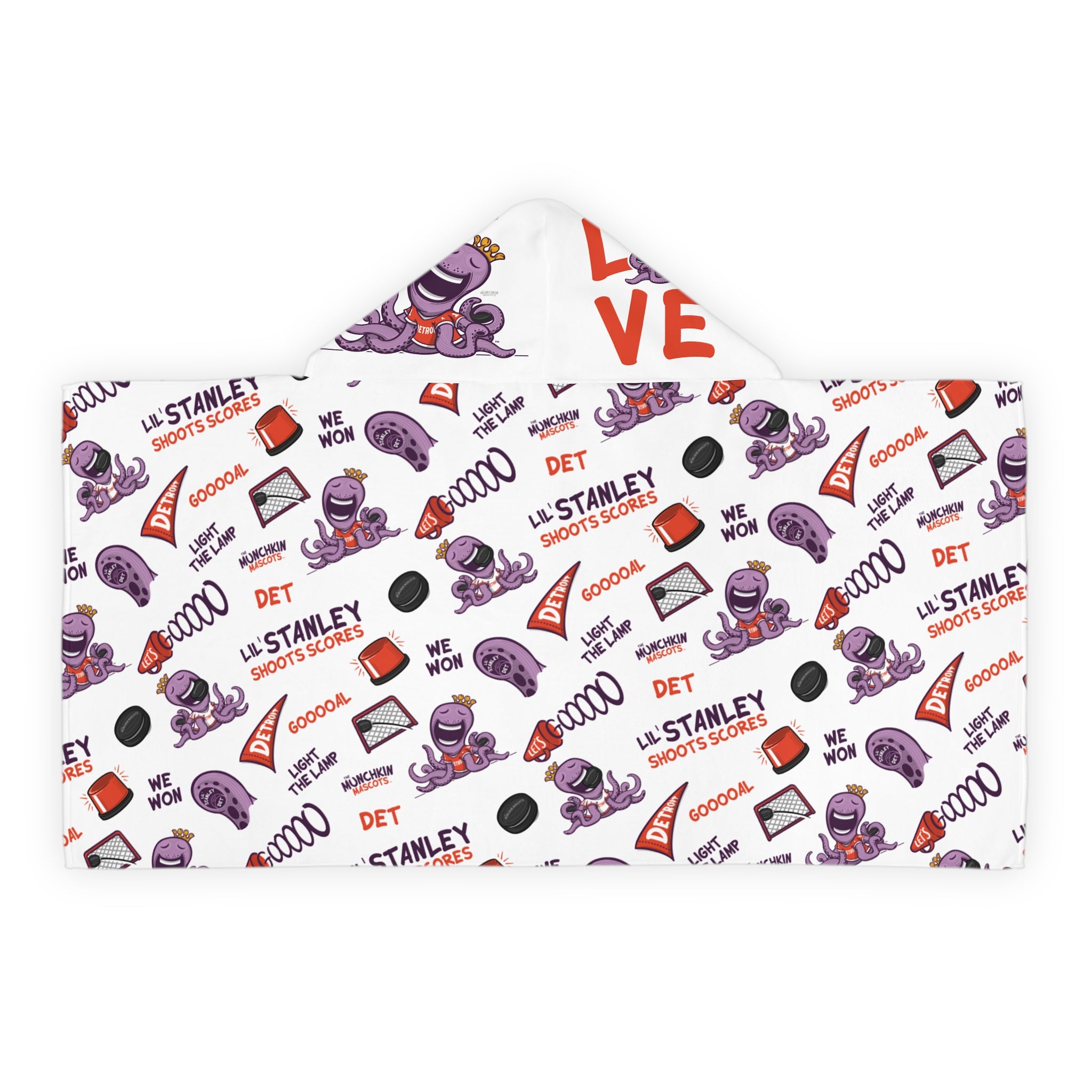 Detroit Hockey Hooded Towel Lil' Stanley Pattern | Hand-Drawn Art | Gifts for Kids