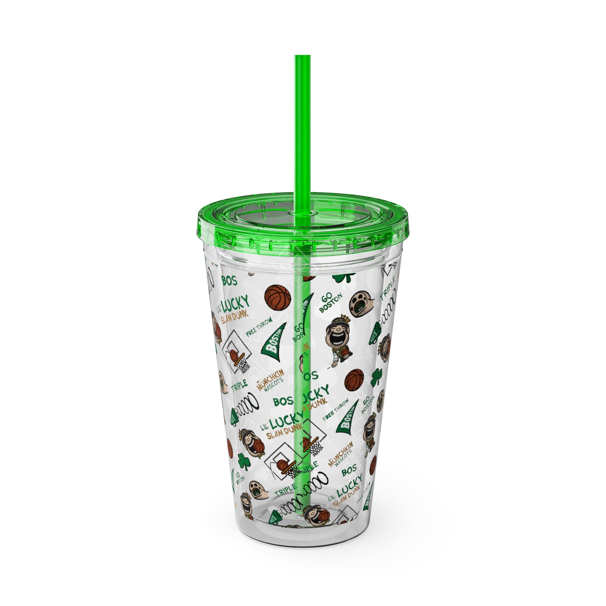 Boston Basketball Tumbler with Straw Lil' Lucky Pattern | Hand-Drawn Art | Gifts for Kids