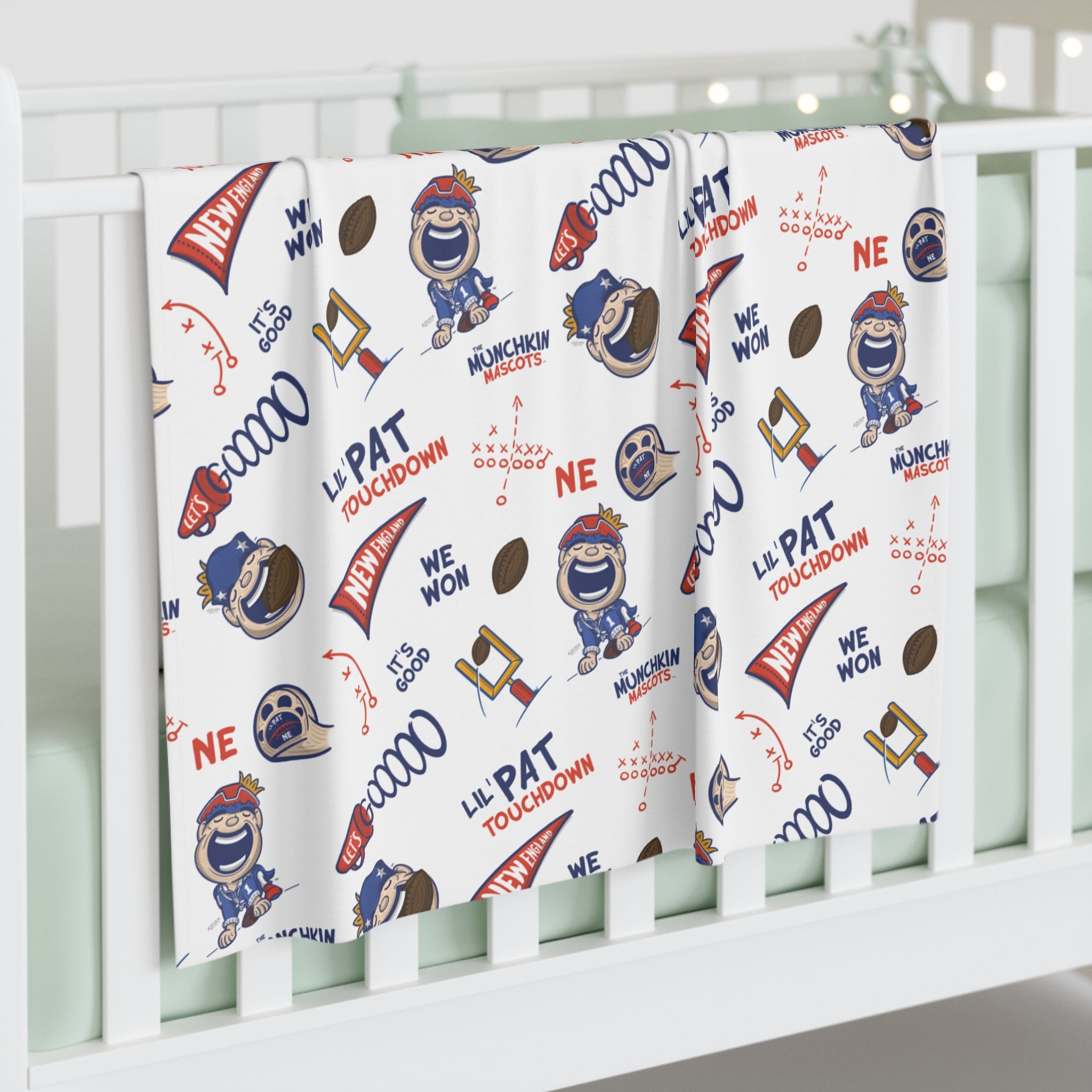 New England Football Baby Swaddle Blanket Lil' Pat Pattern | Hand-Drawn Art | Gifts for Newborns