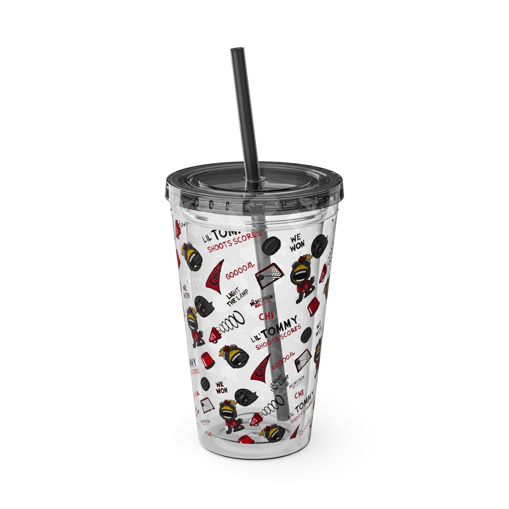 Chicago Hockey Tumbler with Straw Lil' Tommy Pattern | Hand-Drawn Art | Gifts for Kids