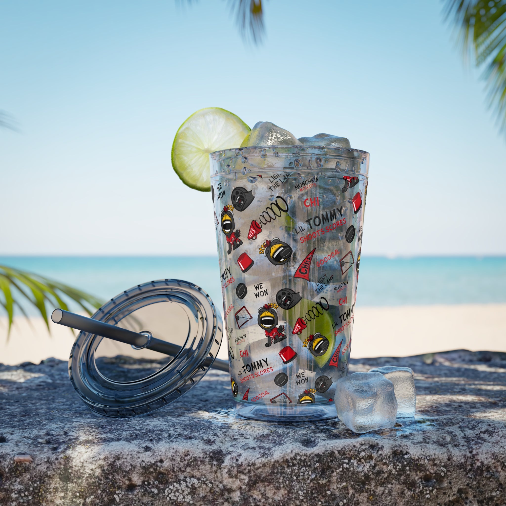 Chicago Hockey Tumbler with Straw Lil' Tommy Pattern | Hand-Drawn Art | Gifts for Kids