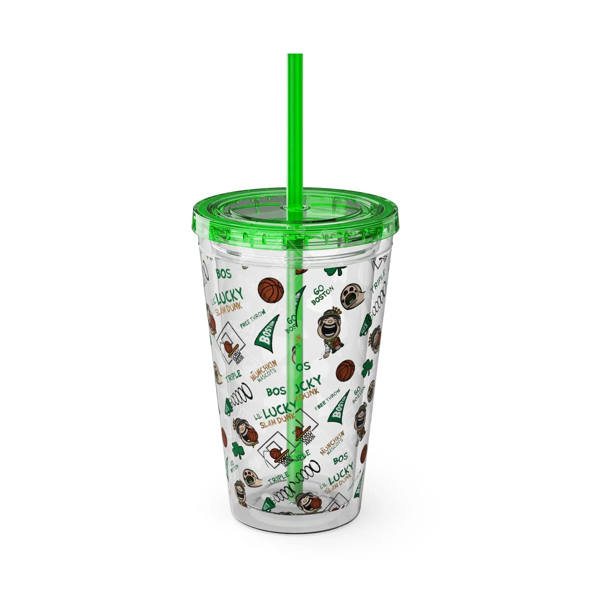 Sunsplash Tumbler with Straw, 16oz - Pattern - Lil' Lucky BOS Basketball Printify