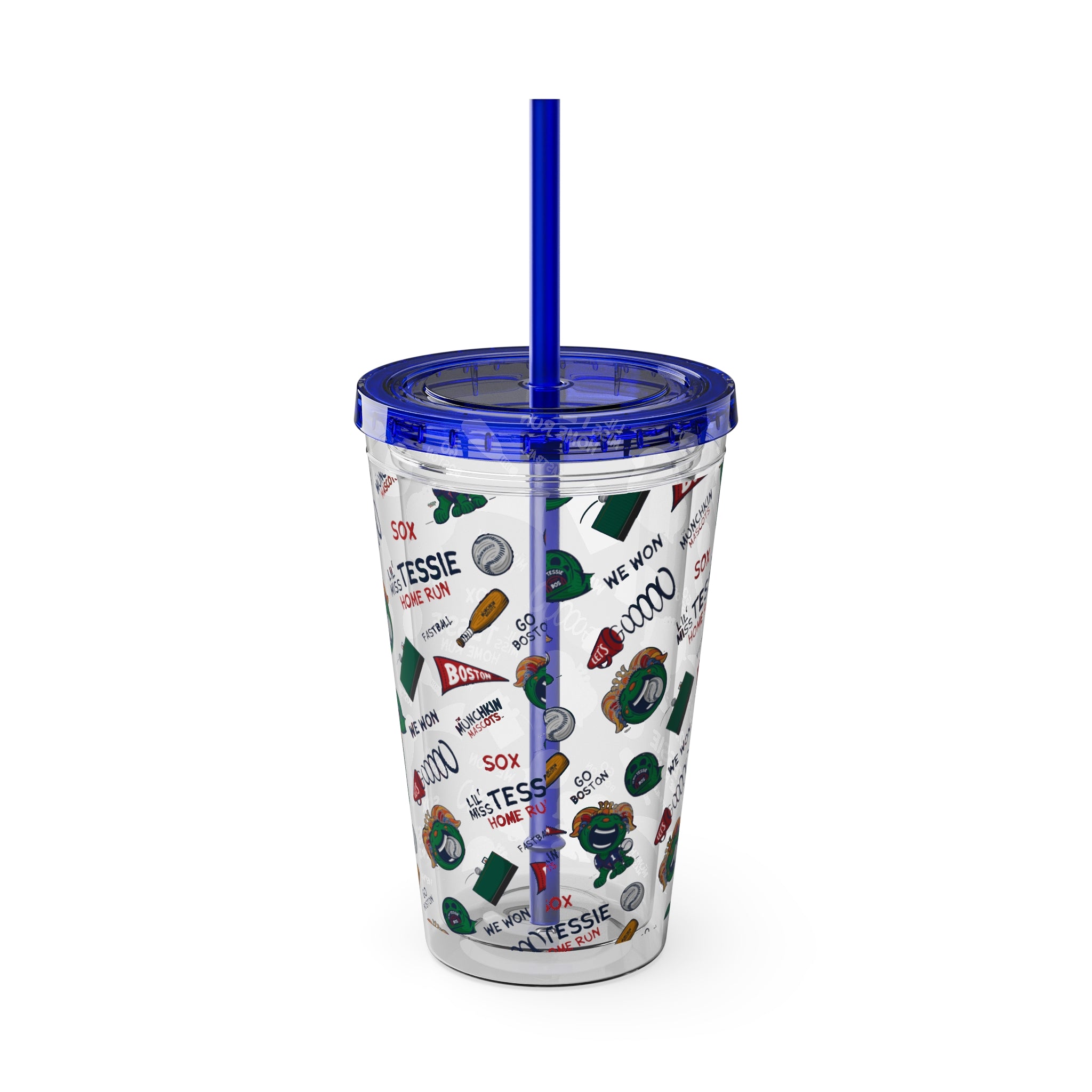 Boston Baseball Tumbler with Straw Lil' Miss Tessie Pattern | Hand-Drawn Art | Gifts for Kids