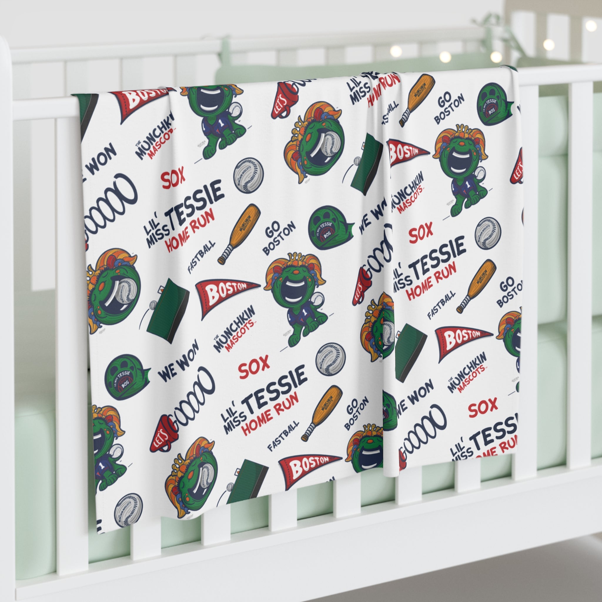 Boston Baseball Baby Swaddle Blanket Lil' Miss Tessie Pattern | Hand-Drawn Art | Gifts for Newborns