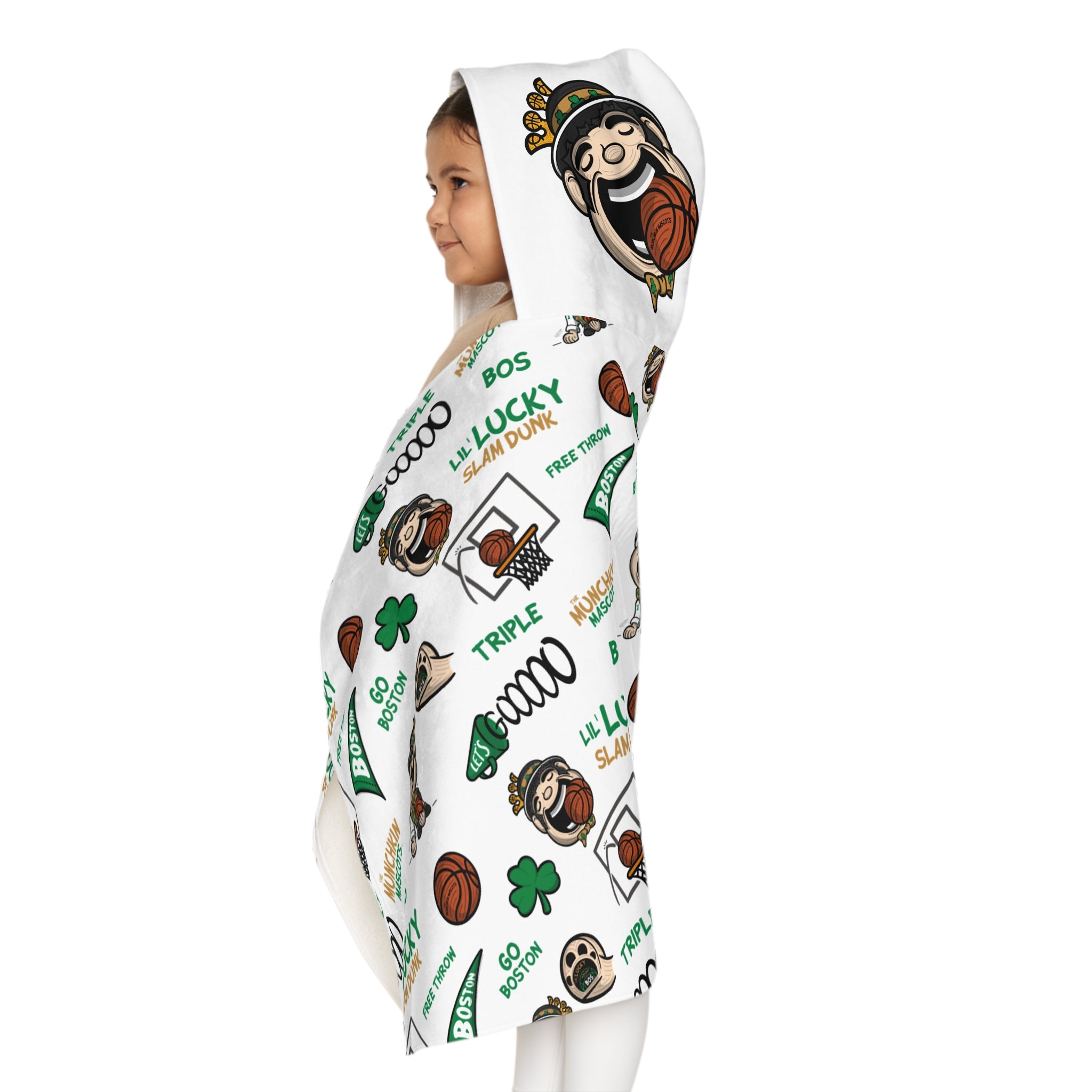 Boston Basketball Hooded Towel Lil' Lucky Pattern | Hand-Drawn Art | Gifts for Kids