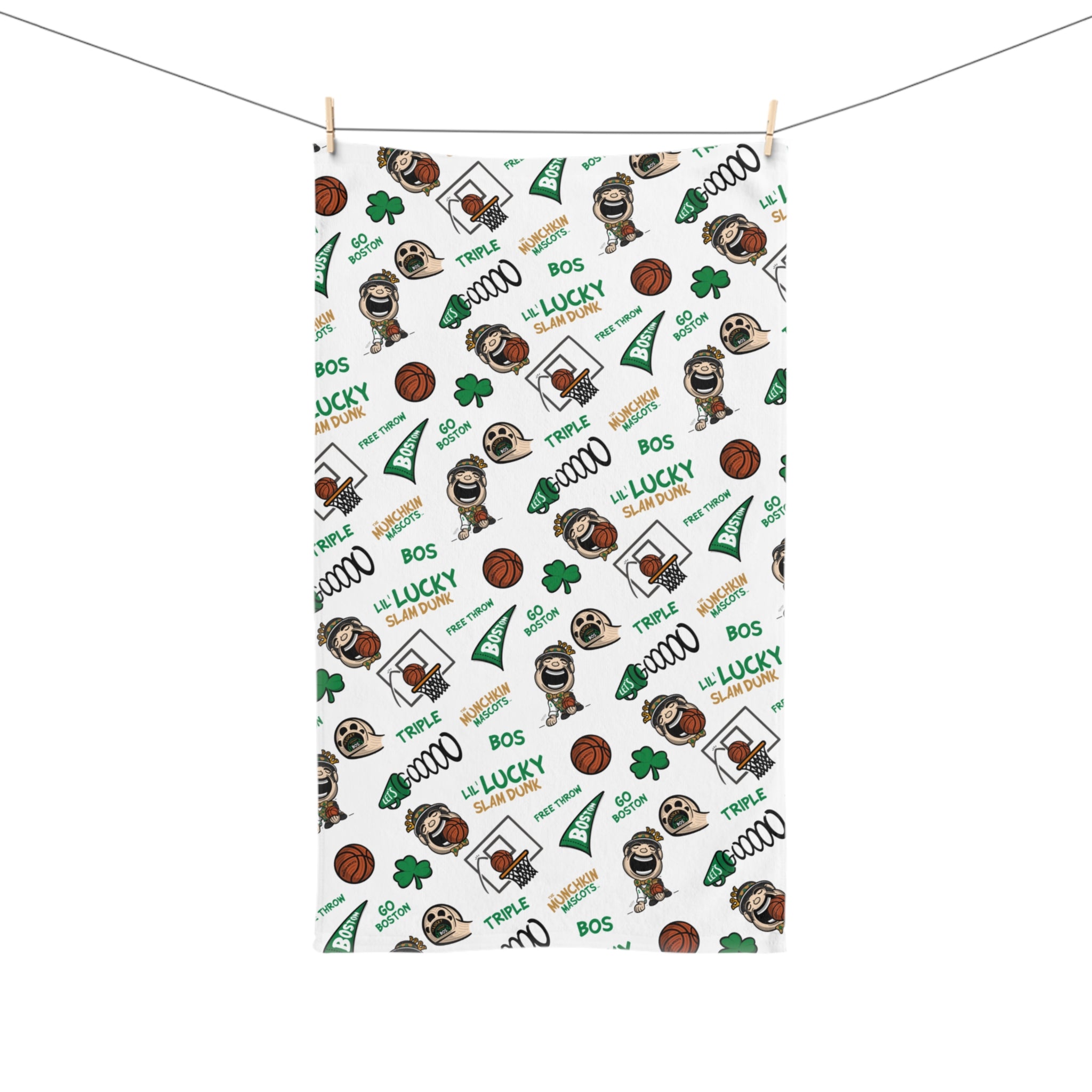 Boston Basketball Hand Towel Lil' Lucky Pattern | Hand-Drawn Art | Gifts for Kids