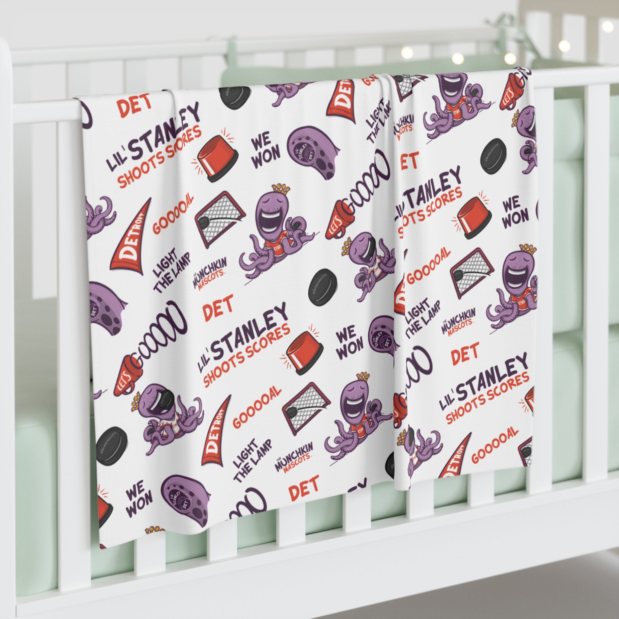 Detroit Hockey Baby Swaddle Blanket Lil' Stanley Pattern | Hand-Drawn Art | Gifts for Newborns