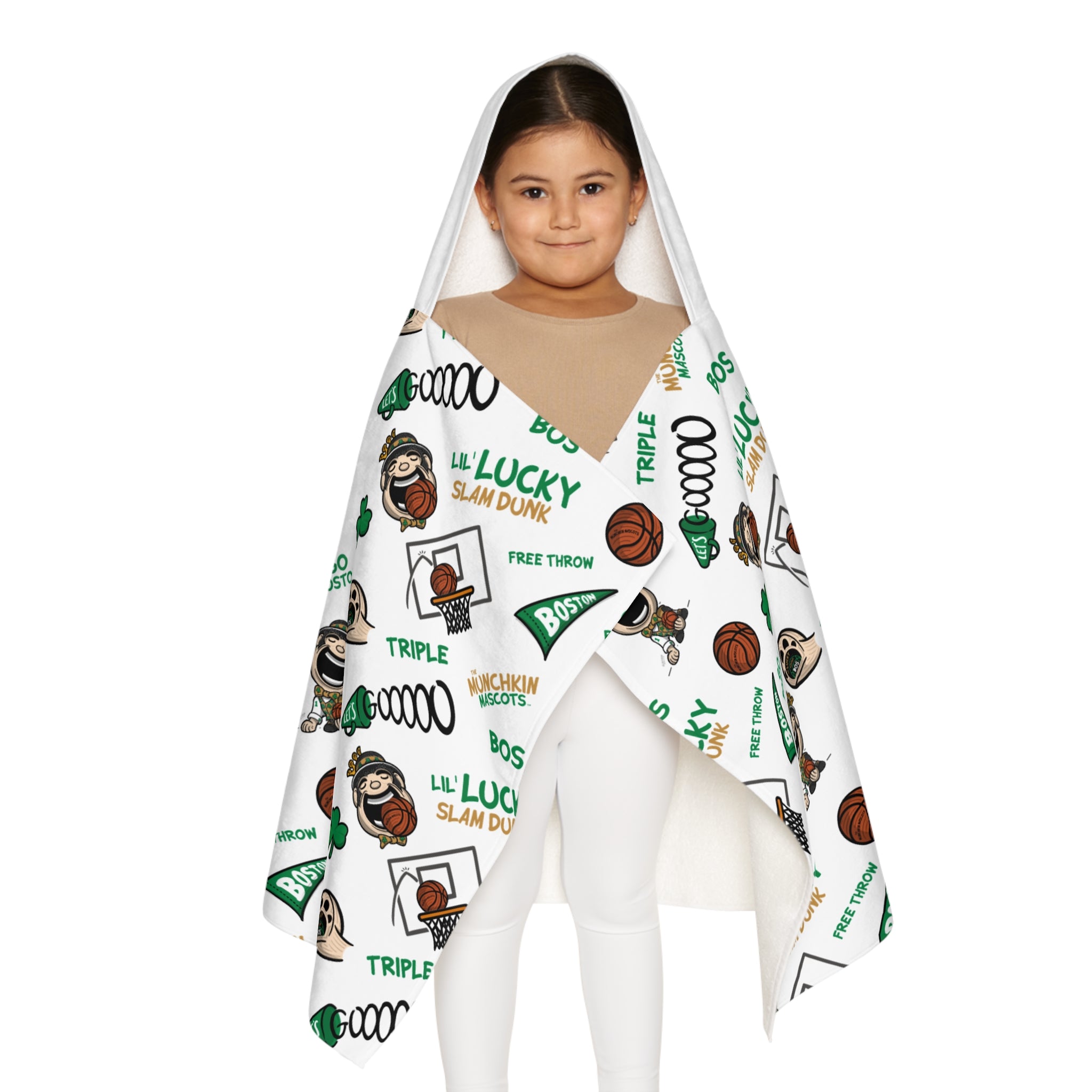 Boston Basketball Hooded Towel Lil' Lucky Pattern | Hand-Drawn Art | Gifts for Kids