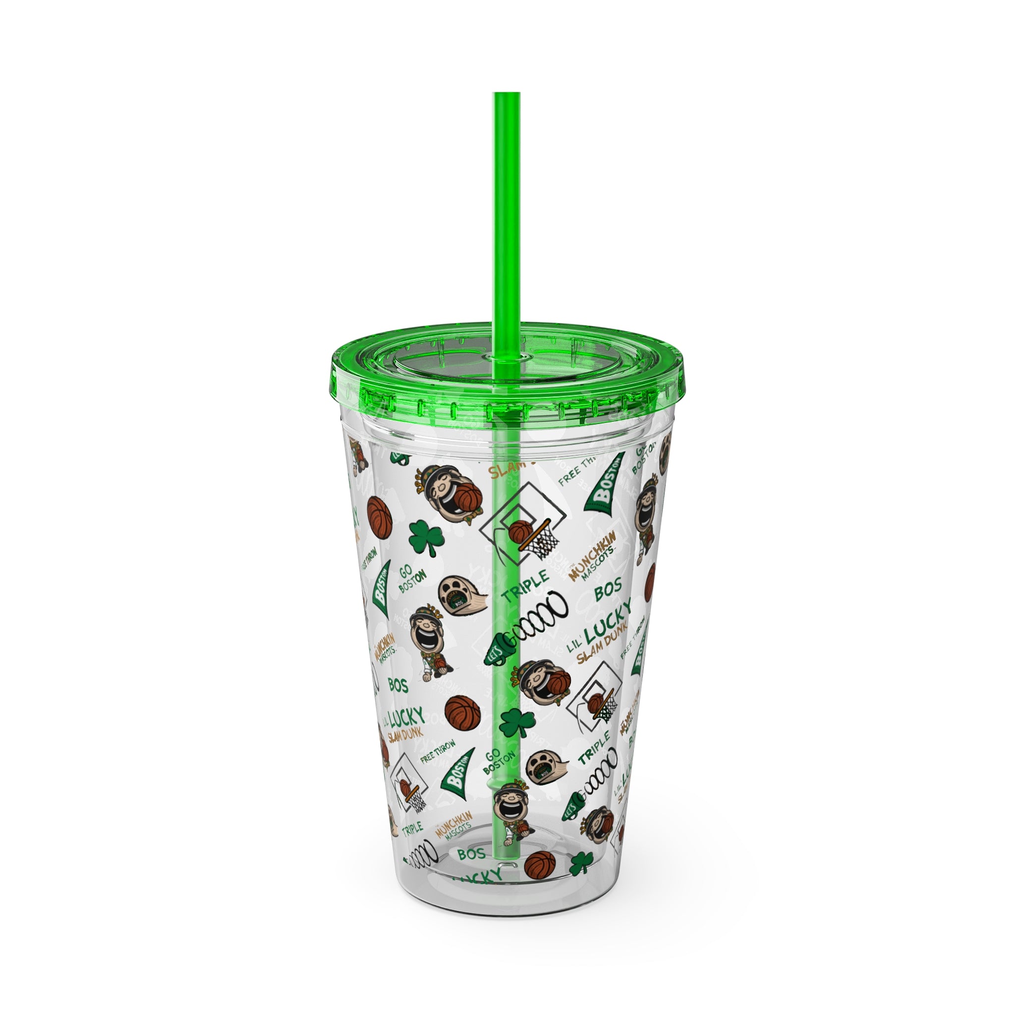 Boston Basketball Tumbler with Straw Lil' Lucky Pattern | Hand-Drawn Art | Gifts for Kids