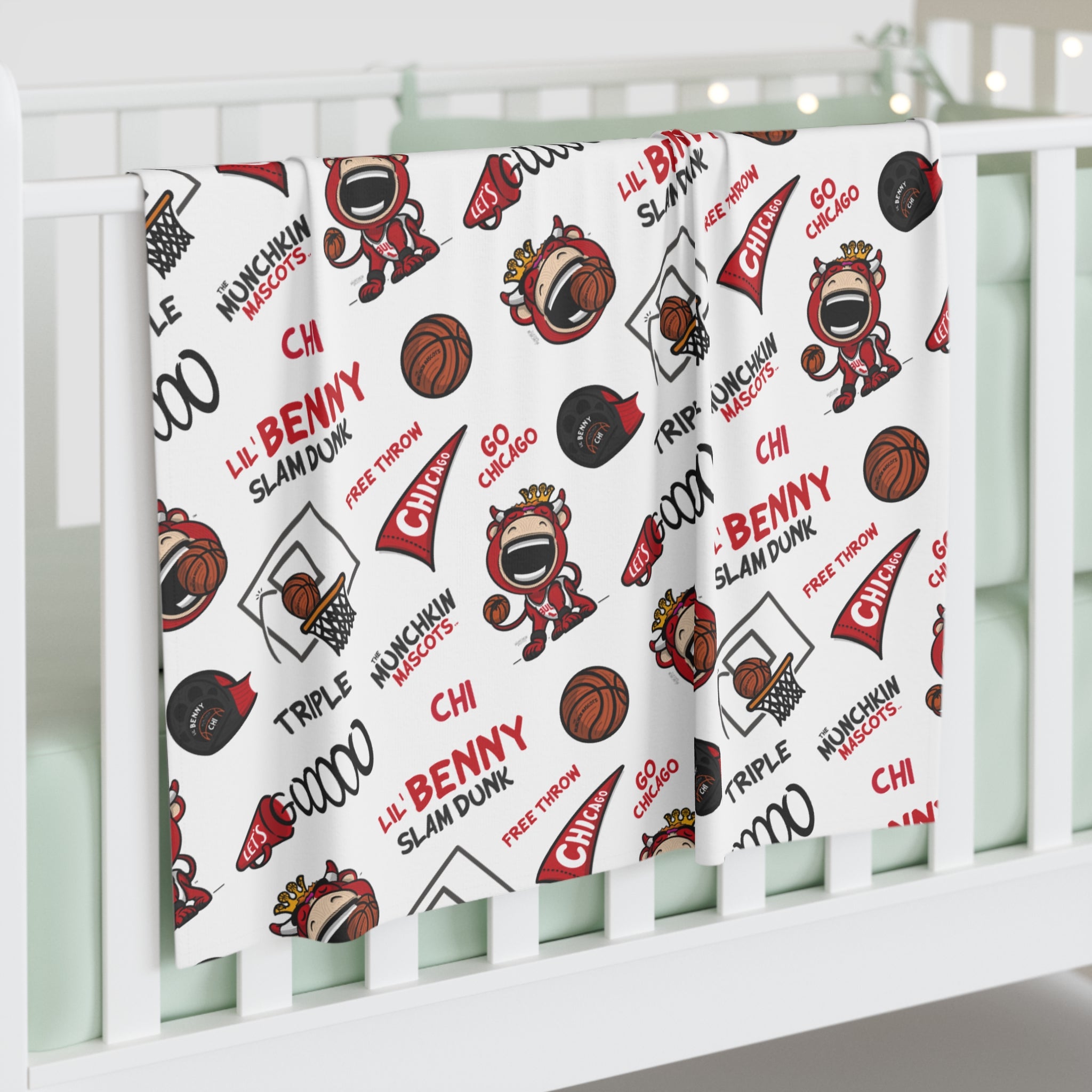 Chicago Basketball Baby Swaddle Blanket Lil' Benny Pattern | Hand-Drawn Art | Gifts for Newborns