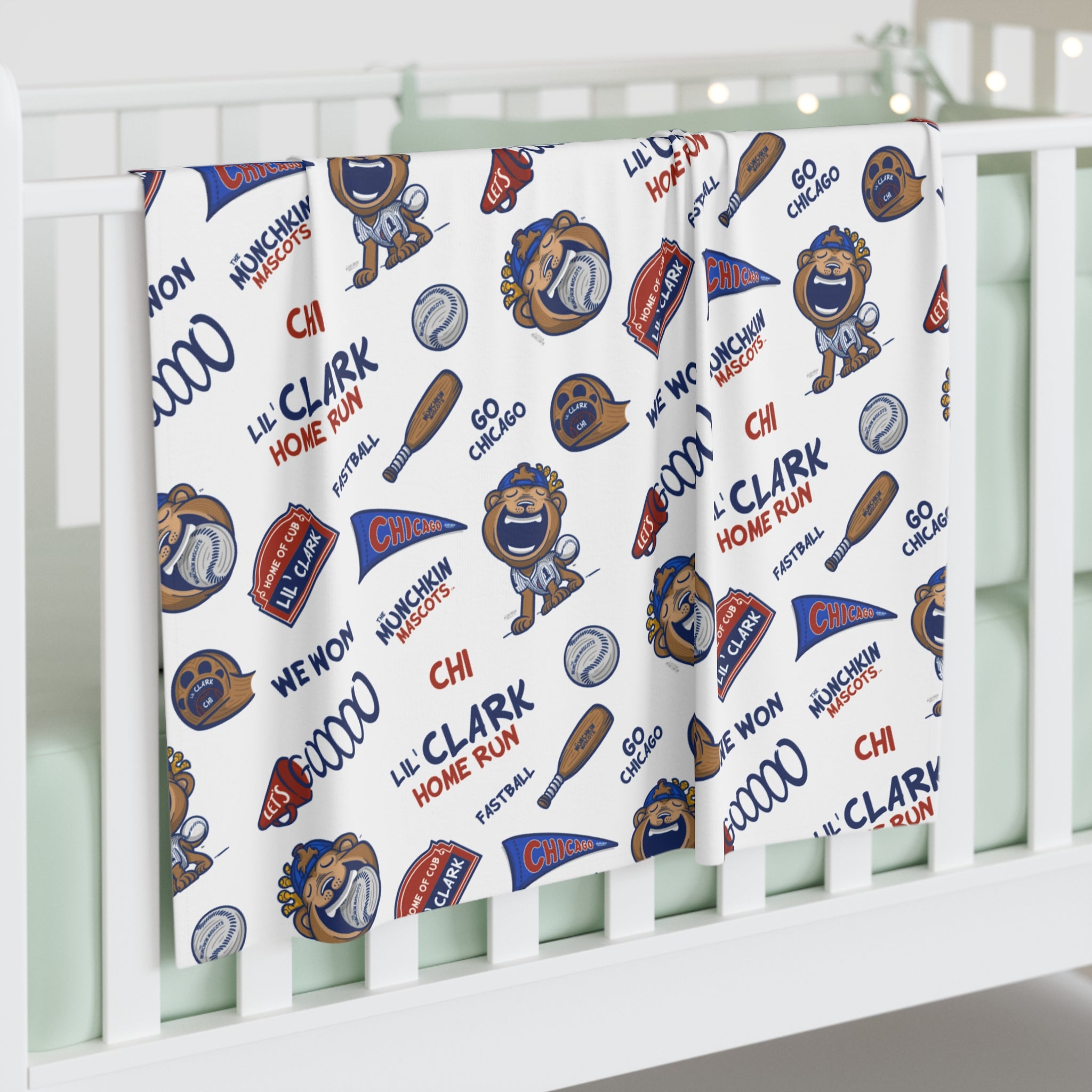 Chicago Baseball Baby Swaddle Blanket Lil' Clark Pattern | Hand-Drawn Art | Gifts for Newborns