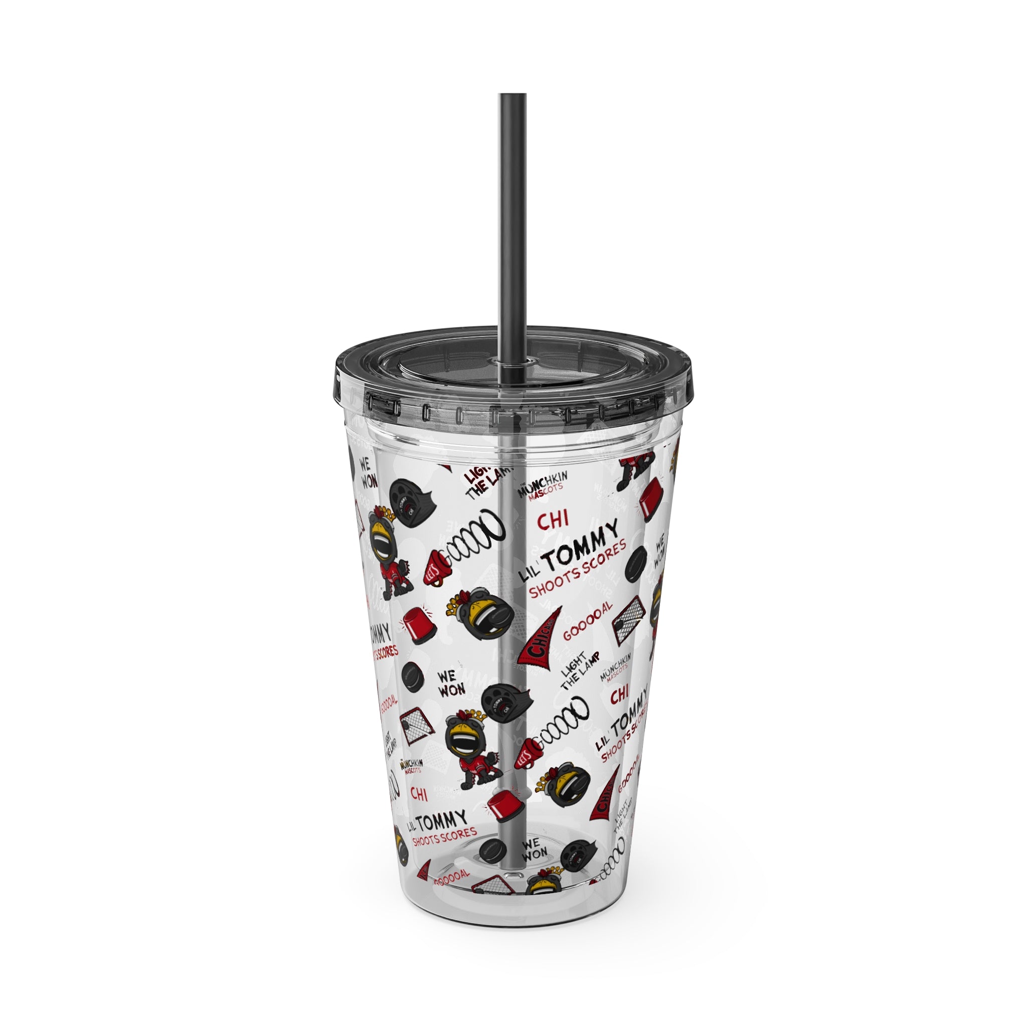 Chicago Hockey Tumbler with Straw Lil' Tommy Pattern | Hand-Drawn Art | Gifts for Kids