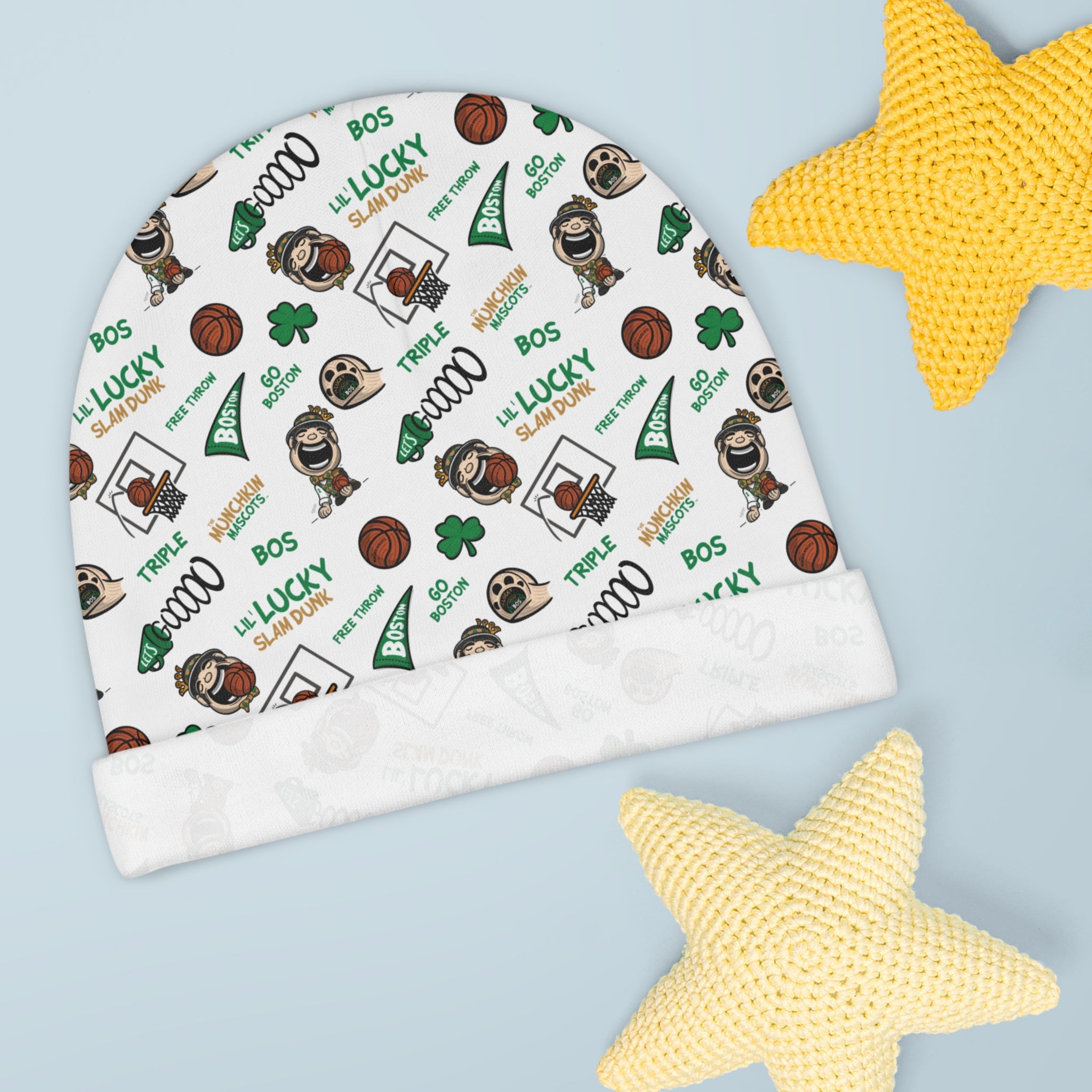 Boston Basketball Baby Beanie Lil' Lucky Pattern | Hand-Drawn Art | Gifts for Newborns