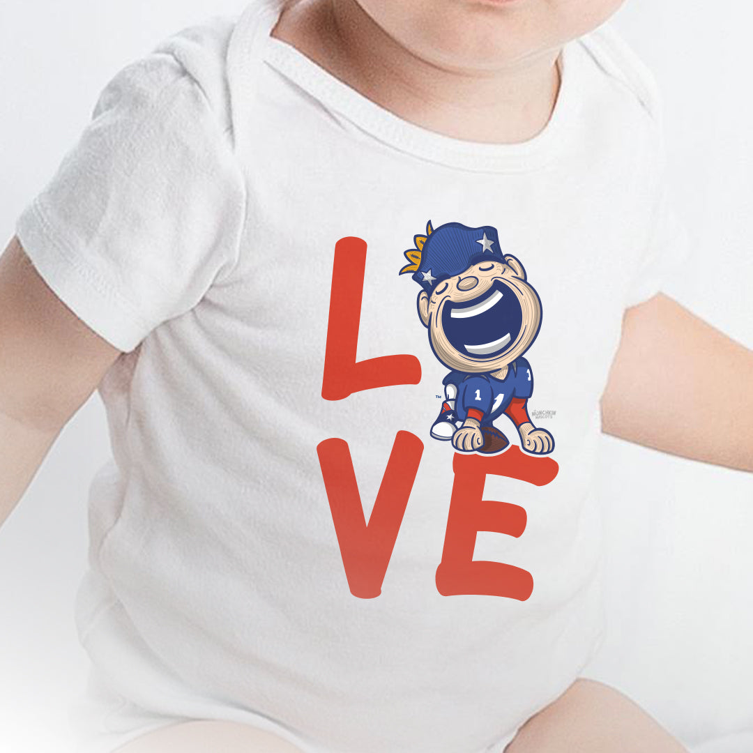 New England Football Newborn & Infant Lil' Pat 'LOVE' Jersey Bodysuit | Hand-Drawn Art | Gifts for Newborns