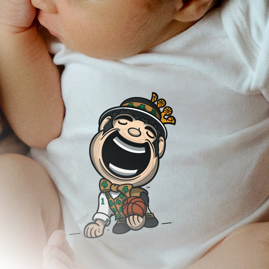 Boston Basketball Newborn & Infant Lil' Lucky 'Munchkin Mascot' Jersey Bodysuit | Hand-Drawn Art | Gifts for Newborns