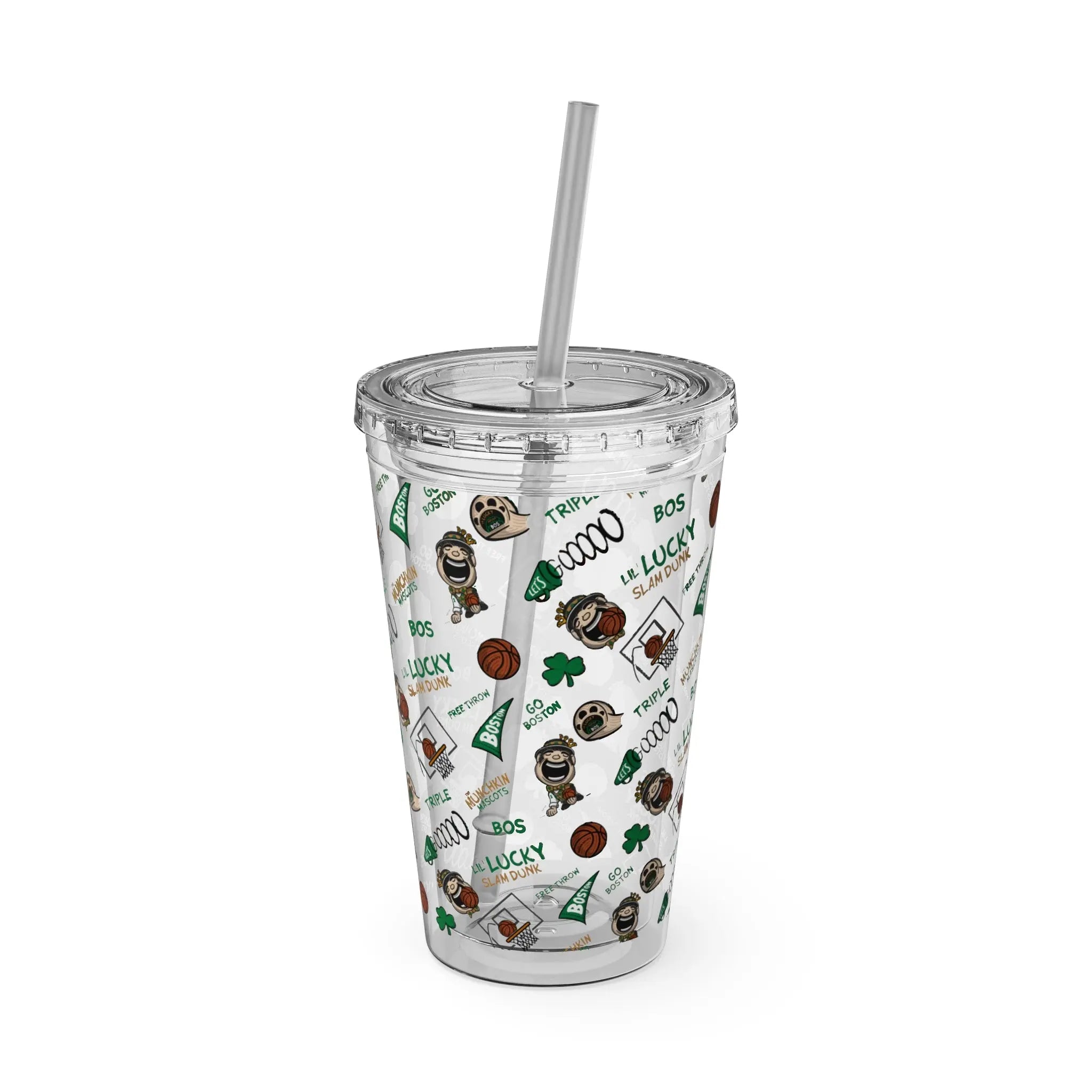 Sunsplash Tumbler with Straw, 16oz - Pattern - Lil' Lucky BOS Basketball Printify