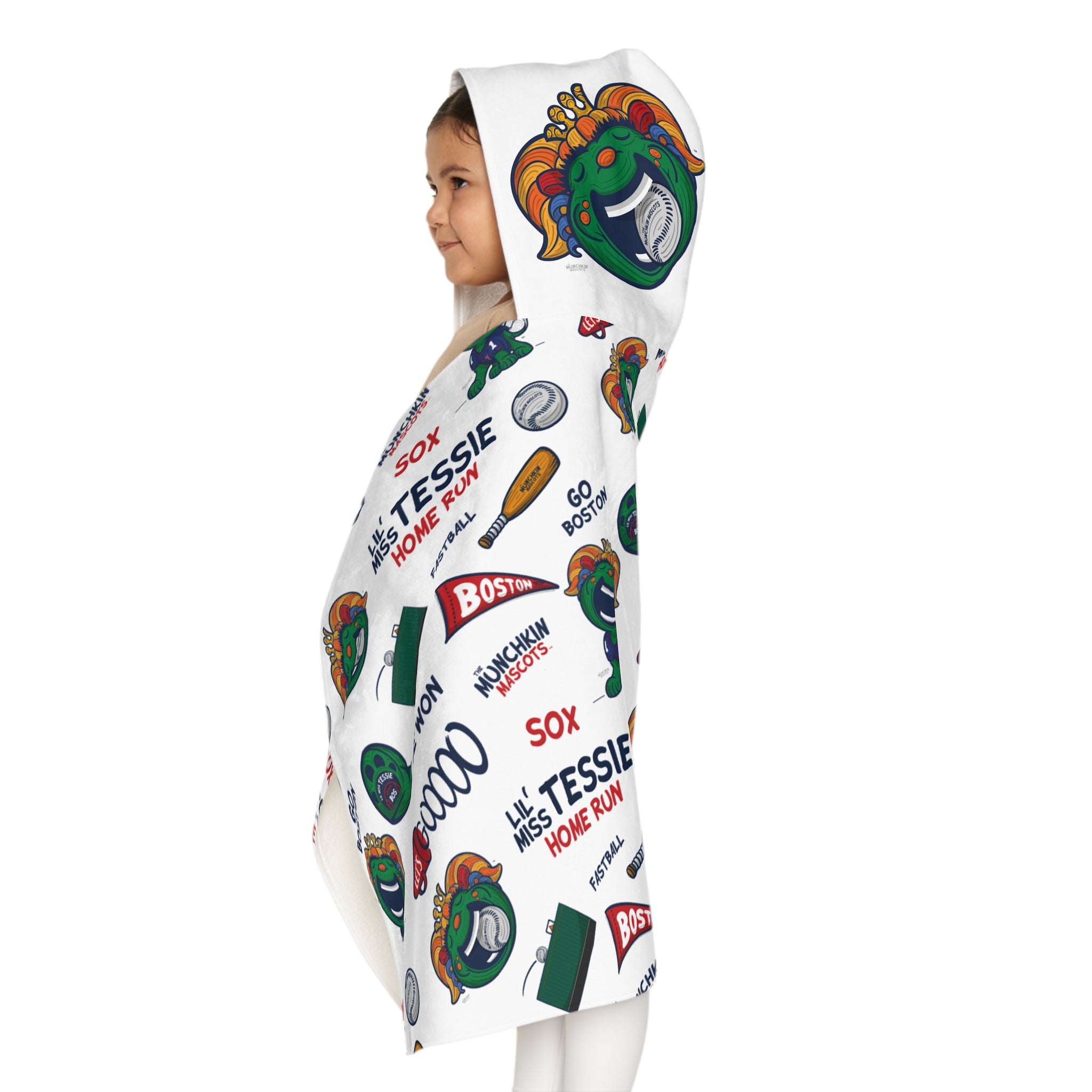Boston Baseball Hooded Towel Lil' Miss Tessie Pattern | Hand-Drawn Art | Gifts for Kids