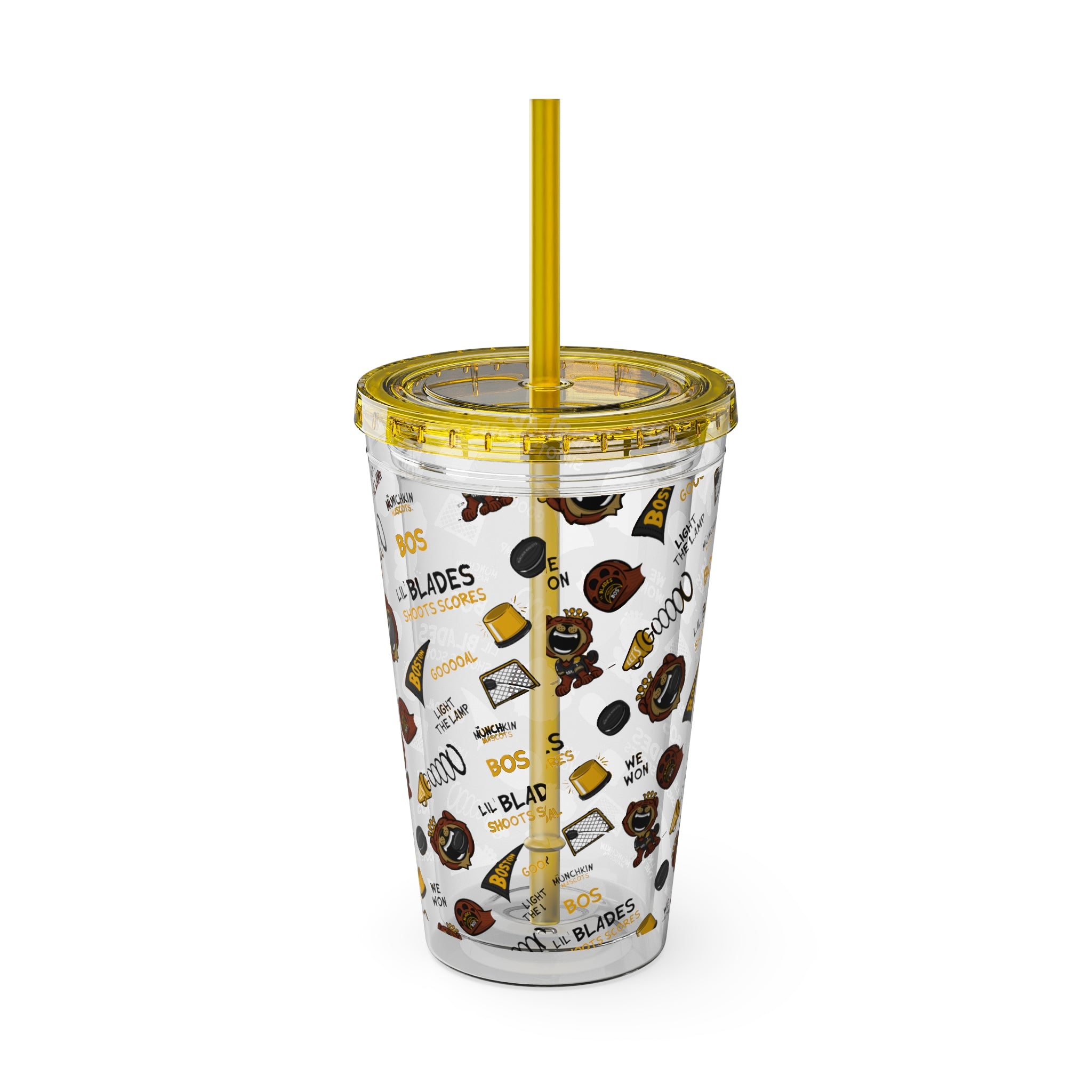 Boston Hockey Tumbler with Straw Lil' Blades Pattern | Hand-Drawn Art | Gifts for Kids