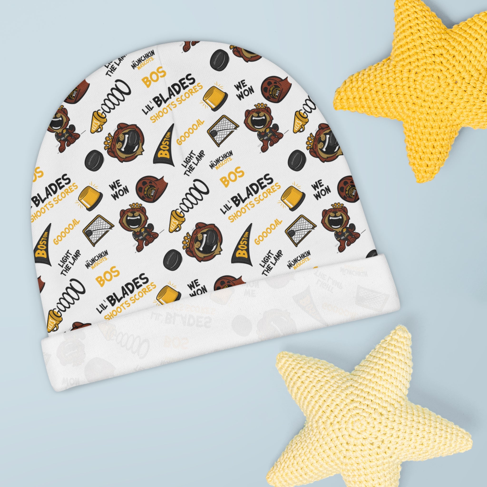 Boston Hockey Baby Beanie Lil' Blades Pattern | Hand-Drawn Art | Gifts for Newborns