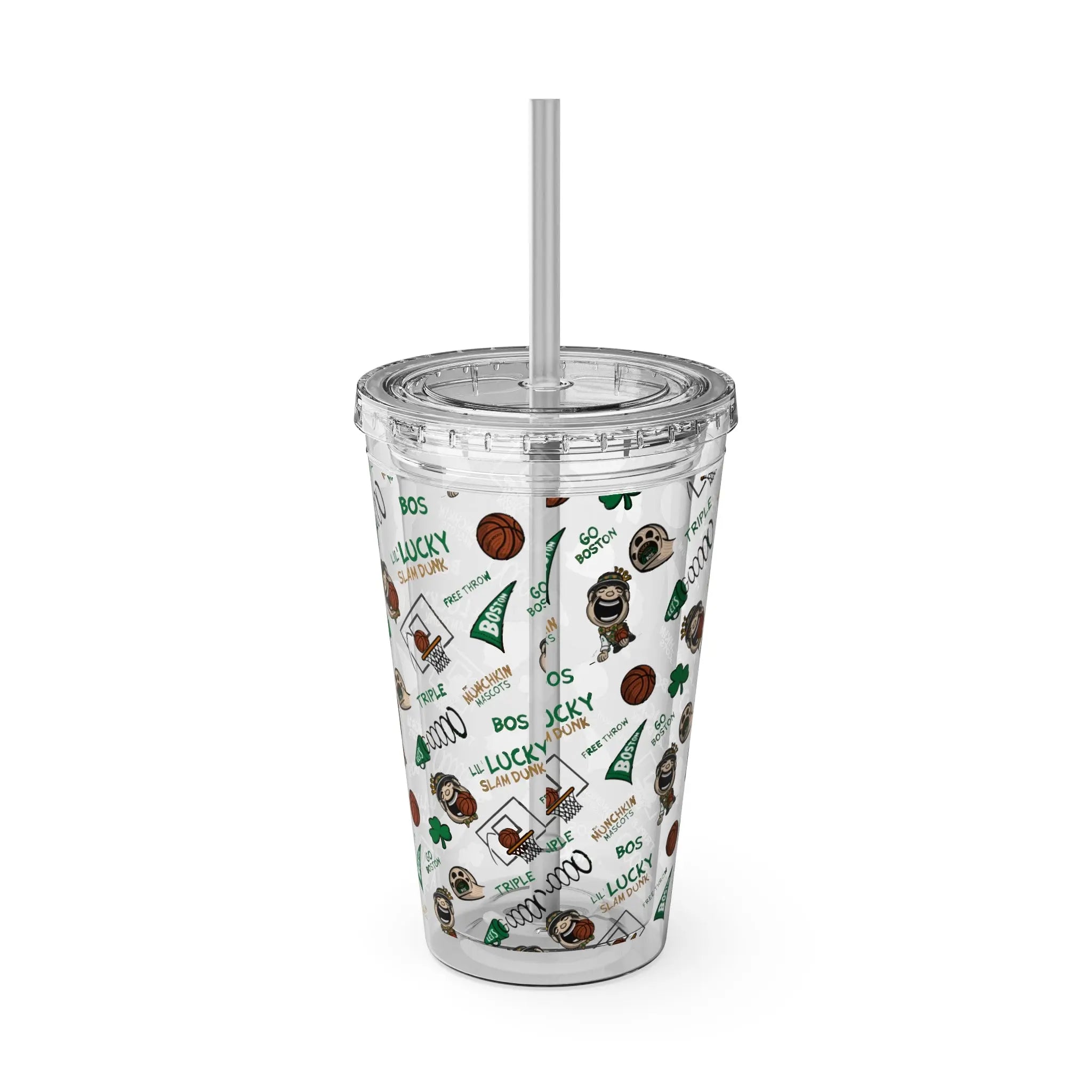 Sunsplash Tumbler with Straw, 16oz - Pattern - Lil' Lucky BOS Basketball Printify