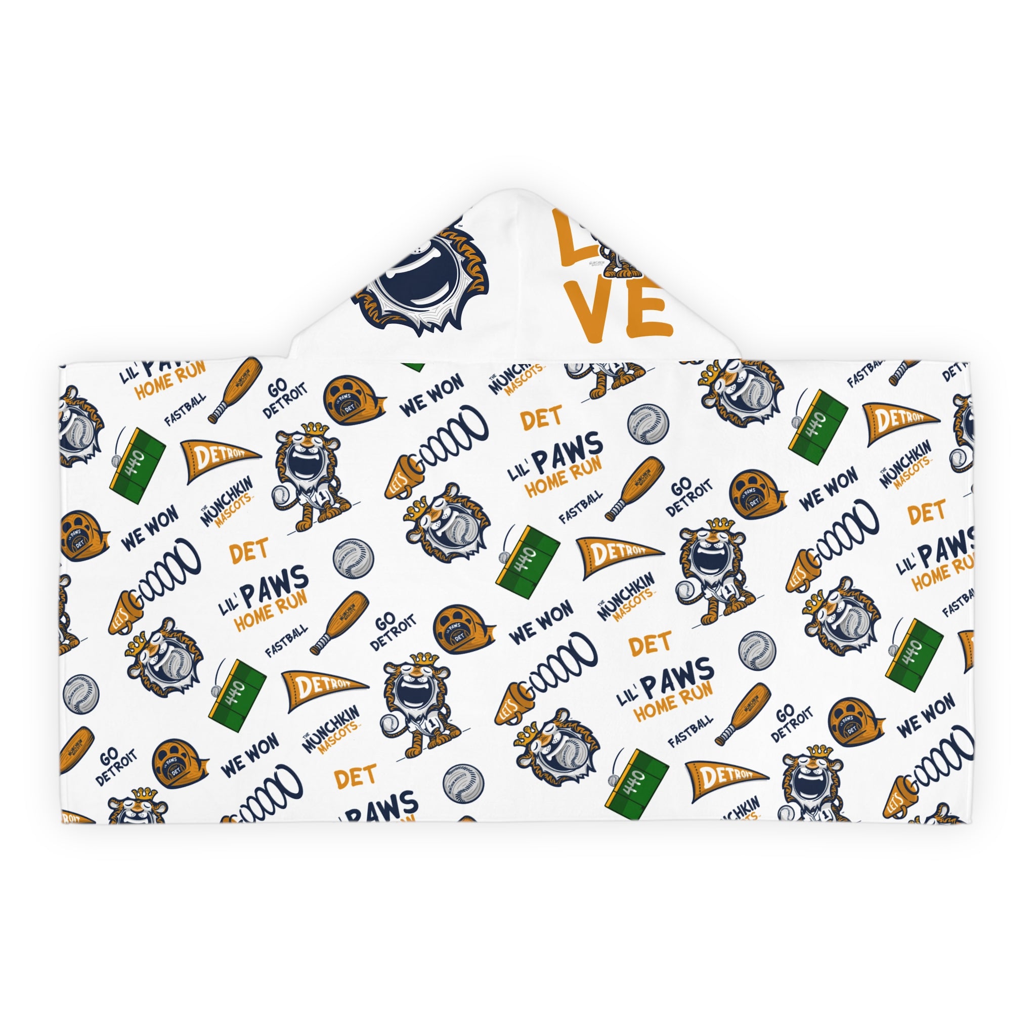 Detroit Baseball Hooded Towel Lil' Paws Pattern | Hand-Drawn Art | Gifts for Kids