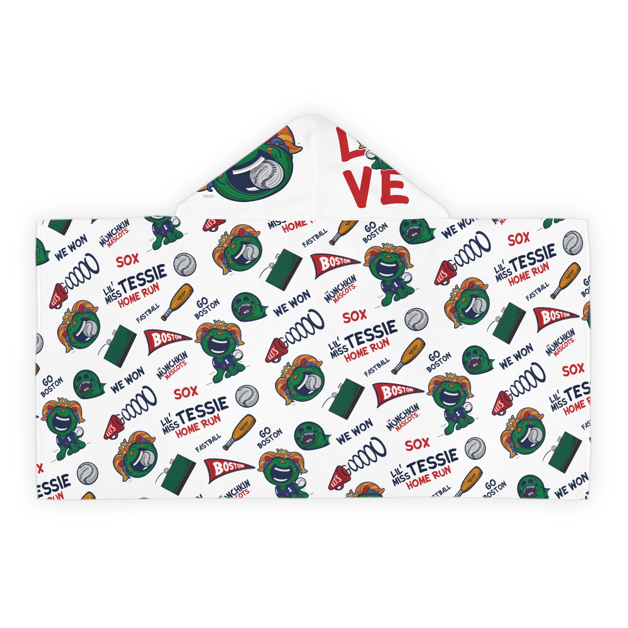 Boston Baseball Hooded Towel Lil' Miss Tessie Pattern | Hand-Drawn Art | Gifts for Kids