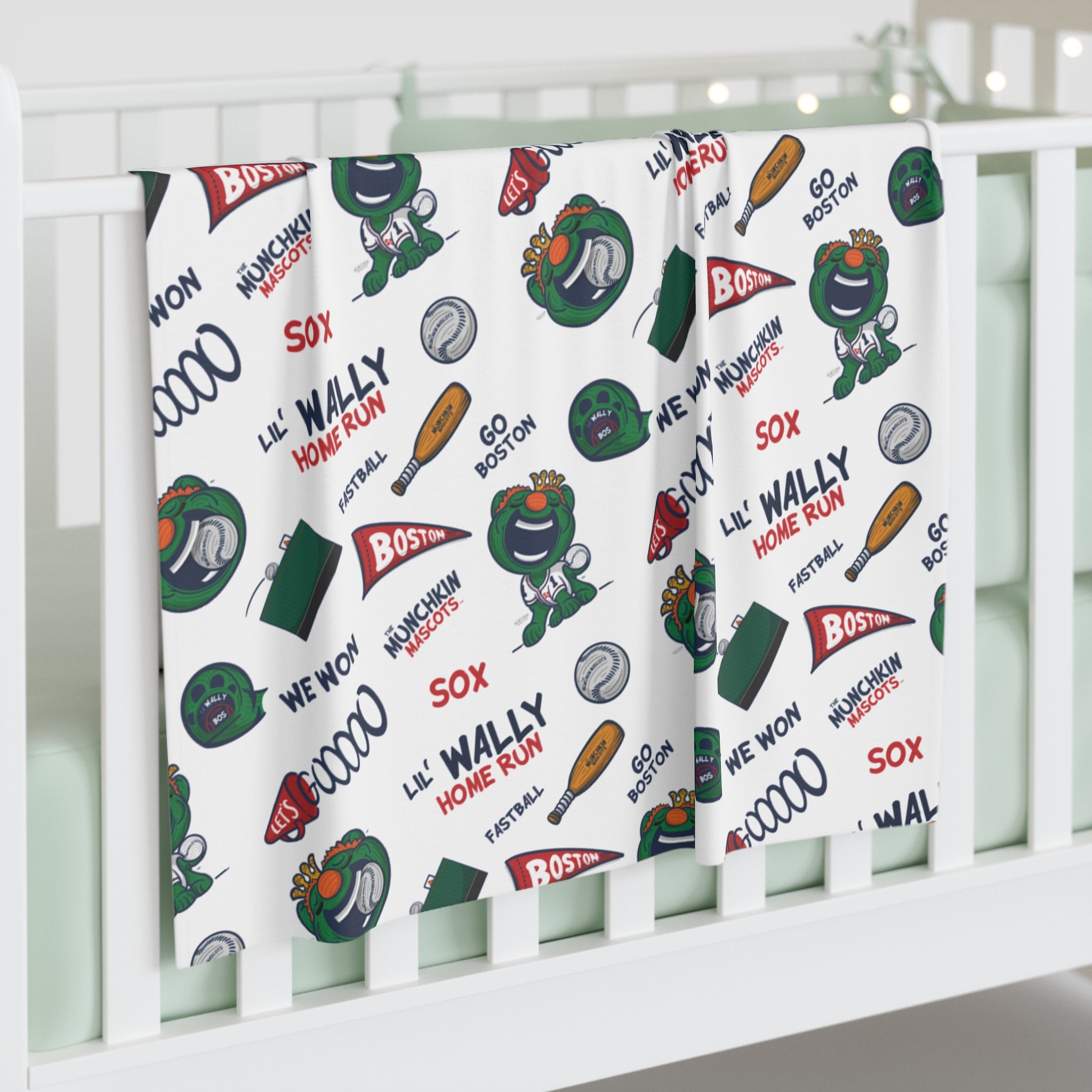 Boston Baseball Baby Swaddle Blanket Lil' Wally Pattern | Hand-Drawn Art | Gifts for Newborns