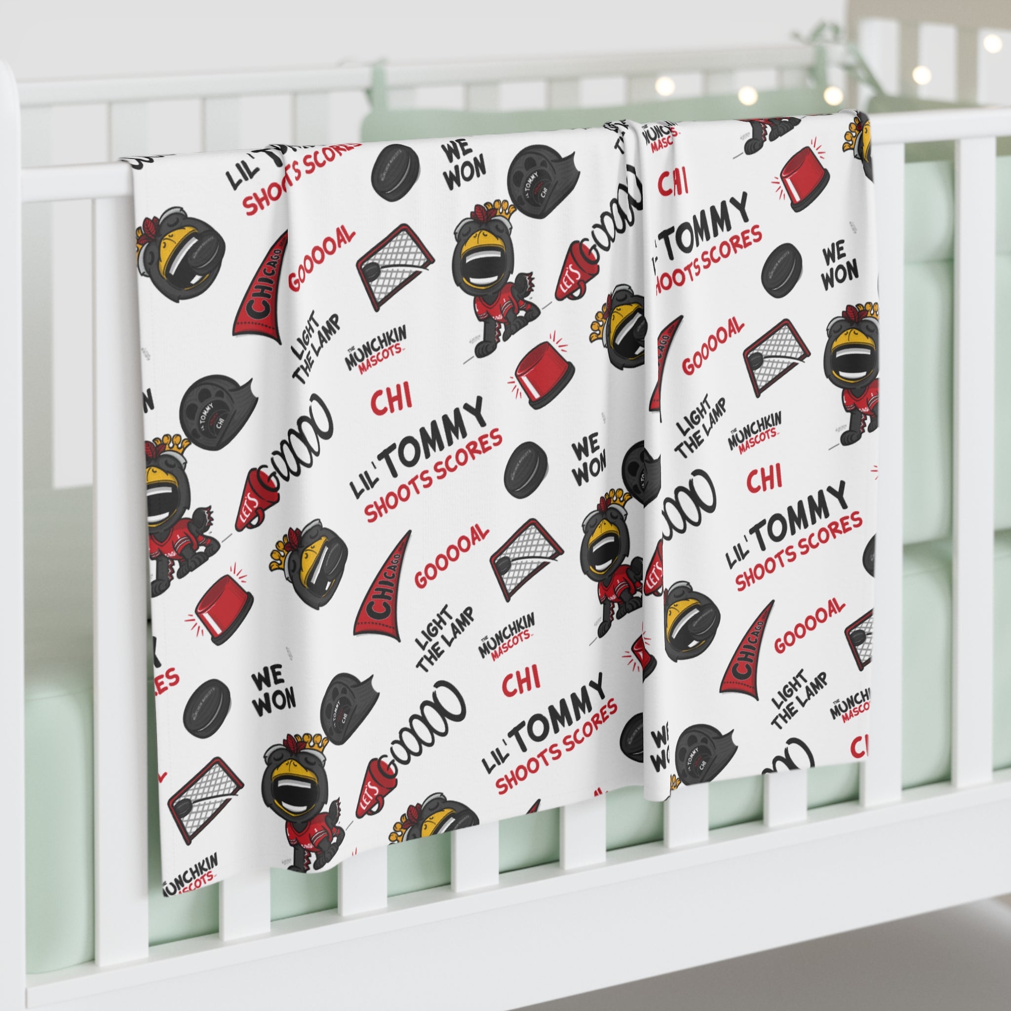 Chicago Hockey Baby Swaddle Blanket Lil' Tommy Pattern | Hand-Drawn Art | Gifts for Newborns