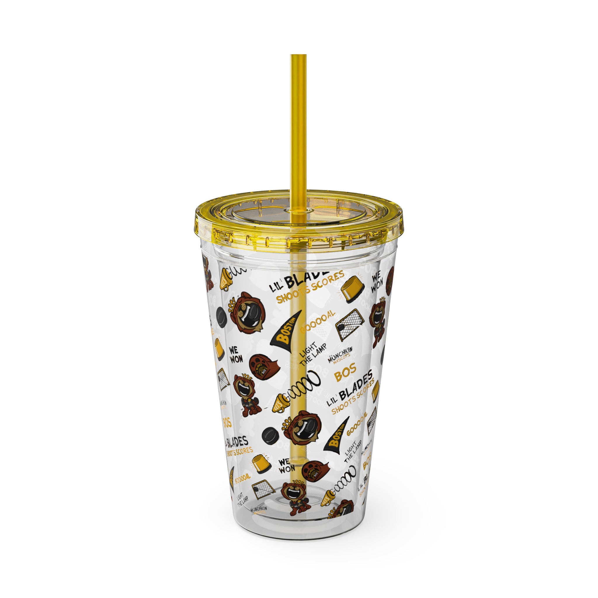 Boston Hockey Tumbler with Straw Lil' Blades Pattern | Hand-Drawn Art | Gifts for Kids