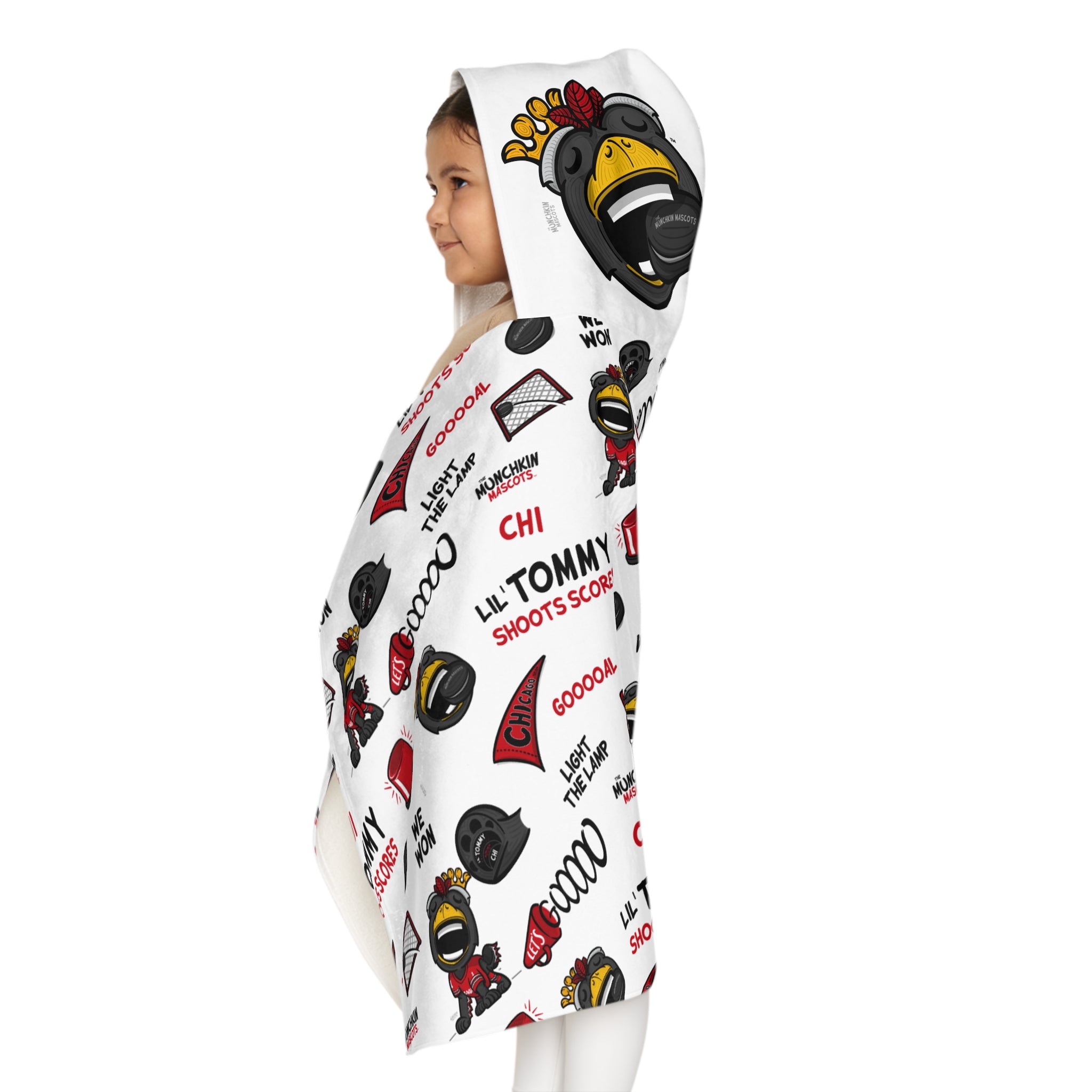 Chicago Hockey Hooded Towel Lil' Tommy Pattern | Hand-Drawn Art | Gifts for Kids