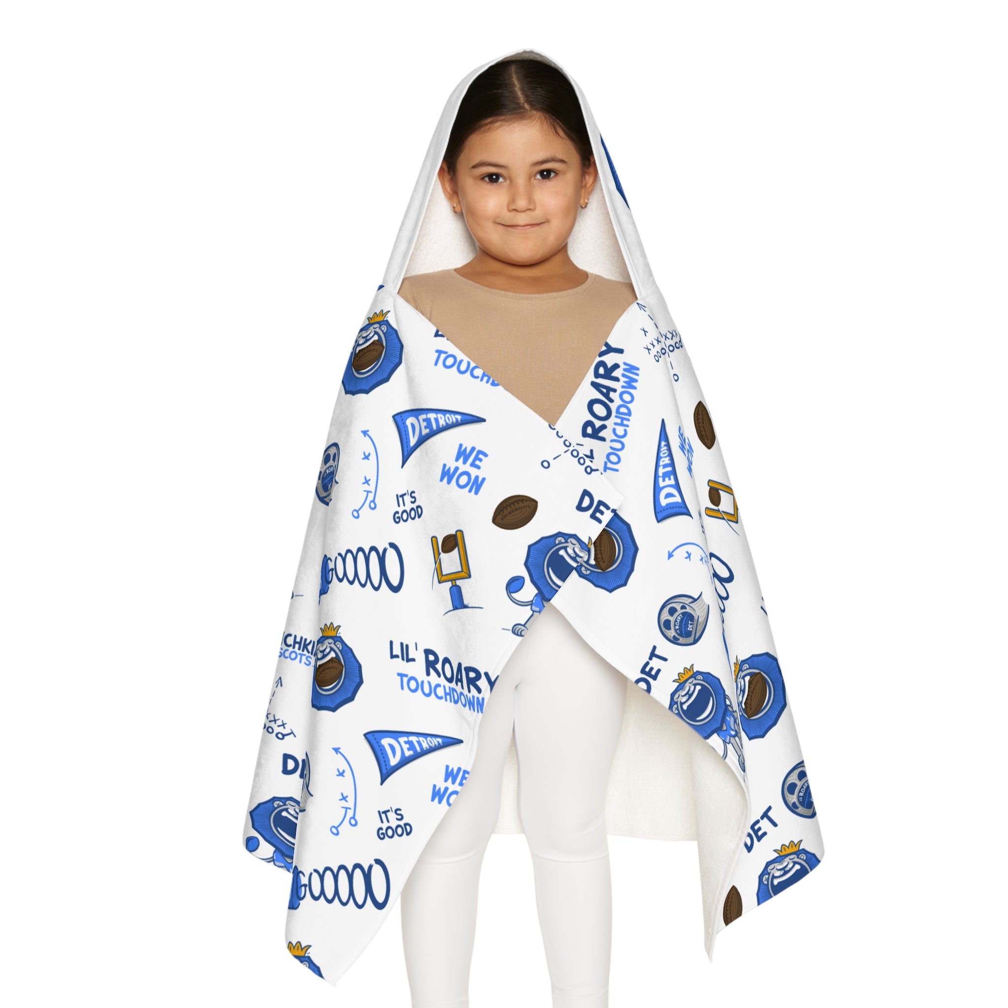 Detroit Football Hooded Towel Lil' Roary Pattern | Hand-Drawn Art | Gifts for Kids