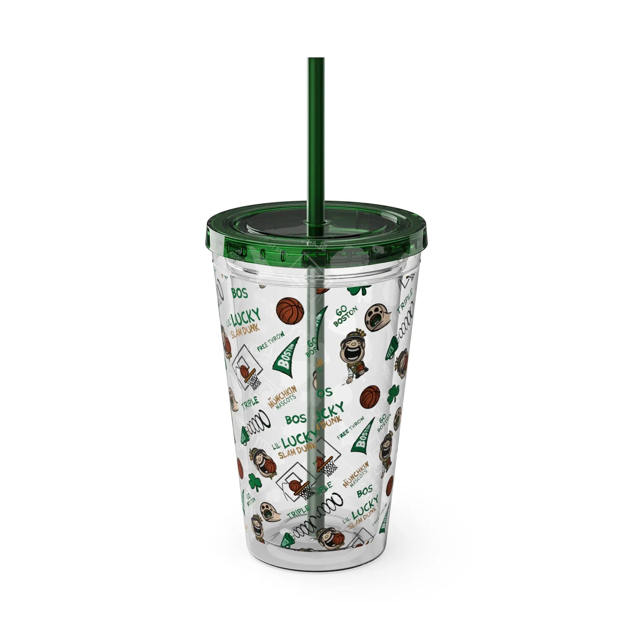 Sunsplash Tumbler with Straw, 16oz - Pattern - Lil' Lucky BOS Basketball Printify