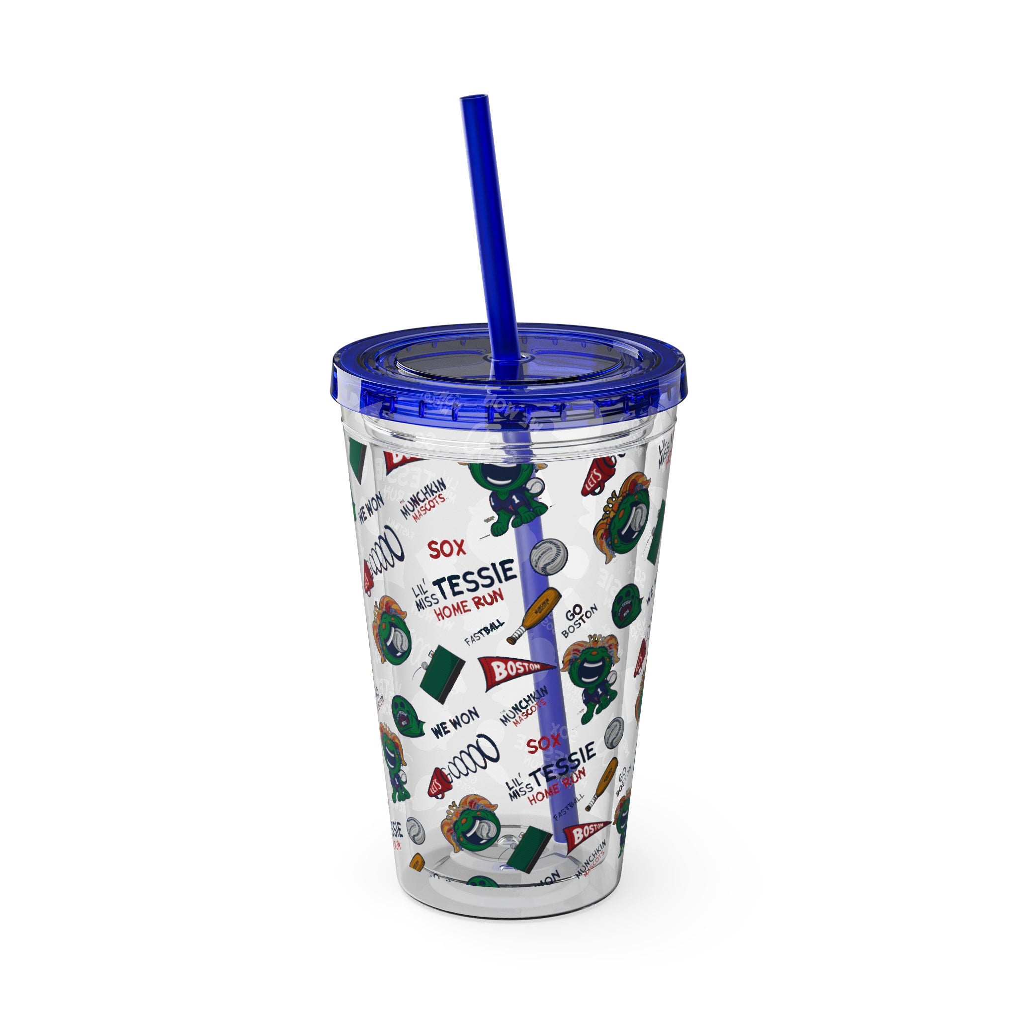 Boston Baseball Tumbler with Straw Lil' Miss Tessie Pattern | Hand-Drawn Art | Gifts for Kids